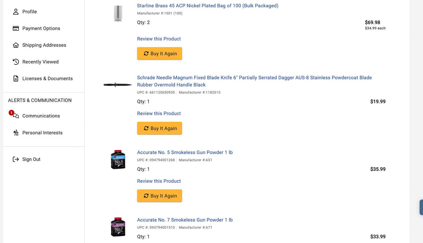 Online receipt from firearms retailer showing digital purchase history useful for insuring your guns and documenting accessory ownership for insurance claims. Digital receipts provide detailed records of gun accessories, ammunition, optics, holsters, cleaning supplies, and equipment purchases necessary when filing insurance claims after total loss. Gun owners benefit from online shopping accounts that maintain automatic purchase histories supporting firearms insurance documentation requirements. Insurance adjusters accept digital receipts as proof of ownership for destroyed gun collections including weapons, accessories, magazines, reloading supplies, and related items. Maintaining online purchase records when insuring firearms eliminates the hassle of locating physical receipts and provides clear documentation of acquisition dates, prices, and product specifications needed for gun insurance claims.