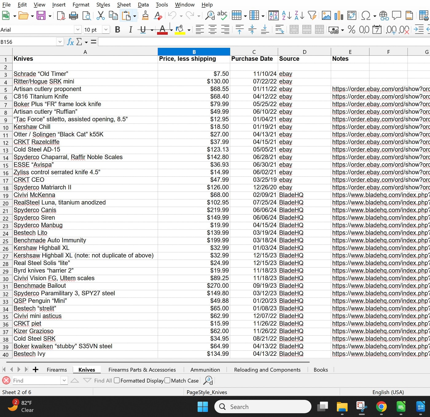 Detailed spreadsheet inventory for insuring your guns showing organized documentation required by insurance adjusters to process firearms claims after total loss events. The spreadsheet contains columns for firearm serial numbers, weapon descriptions, purchase dates, receipts, and replacement costs necessary for gun insurance claims. Proper documentation of gun collections through spreadsheets helps insurance companies verify ownership of destroyed firearms, optics, ammunition, holsters, cleaning supplies, and accessories. Gun owners should maintain organized records listing every weapon and related item to support insurance claims and ensure adequate payouts when insuring firearms. Spreadsheet format allows systematic cataloging of rifles, pistols, shotguns, edged weapons, reloading equipment, and gun accessories making the claims process smoother for both owners and insurance adjusters reviewing gun collection losses.