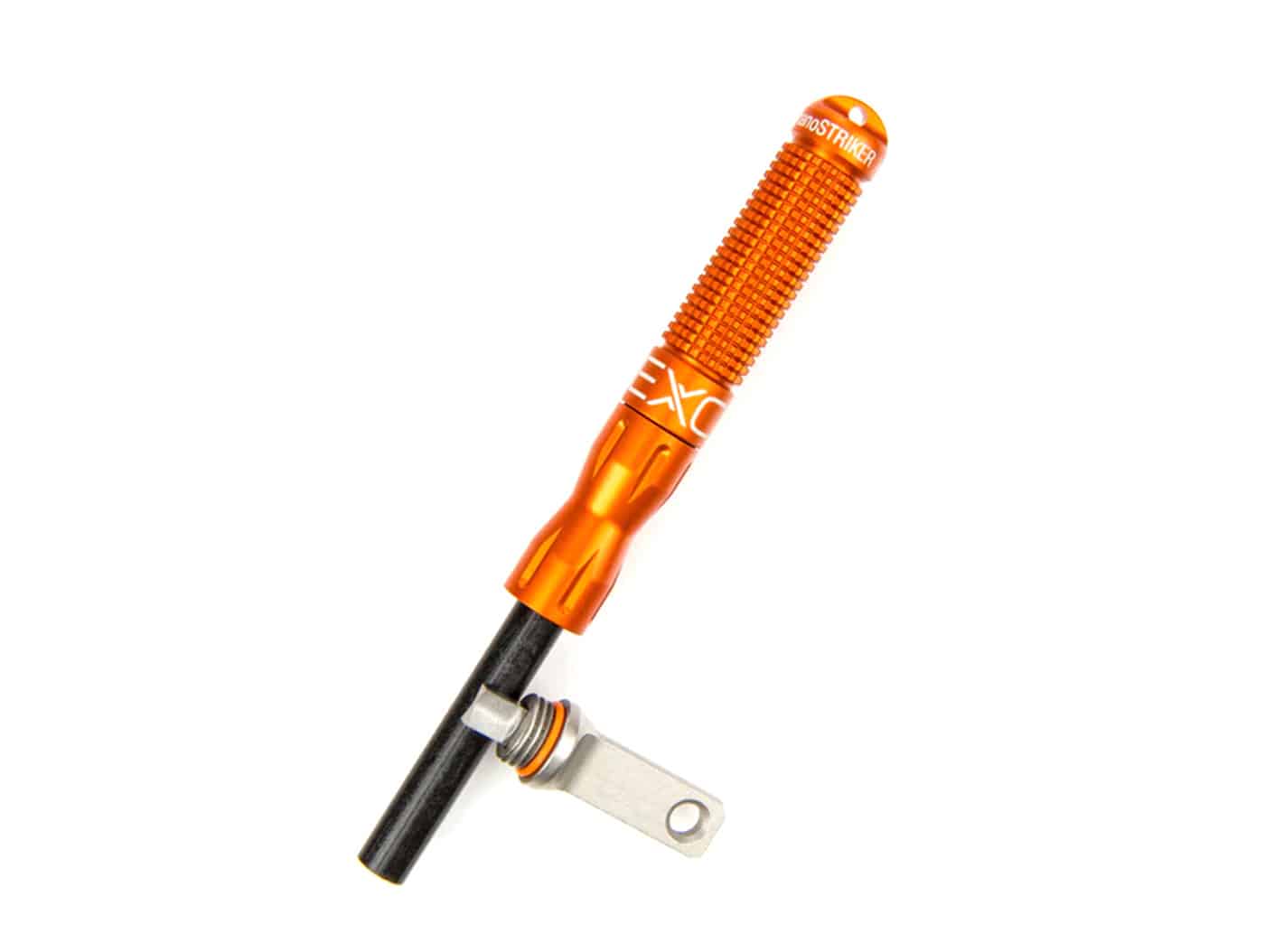 An Exotac FireROD V2 ferrocerium rod fire starter with protective handle, lanyard attachment, and striker tool sits ready for generating sparks to ignite tinder in challenging backcountry weather conditions. Backwoods carry kits include fire starters. Outdoors survival kits require ignition tools. Ferro rods create reliable sparks. Wilderness fire-starting ensures warmth. Trail equipment produces flames. Backcountry kits enable fire creation. Hiking tools generate heat. Outdoor preparedness involves ignition capability.