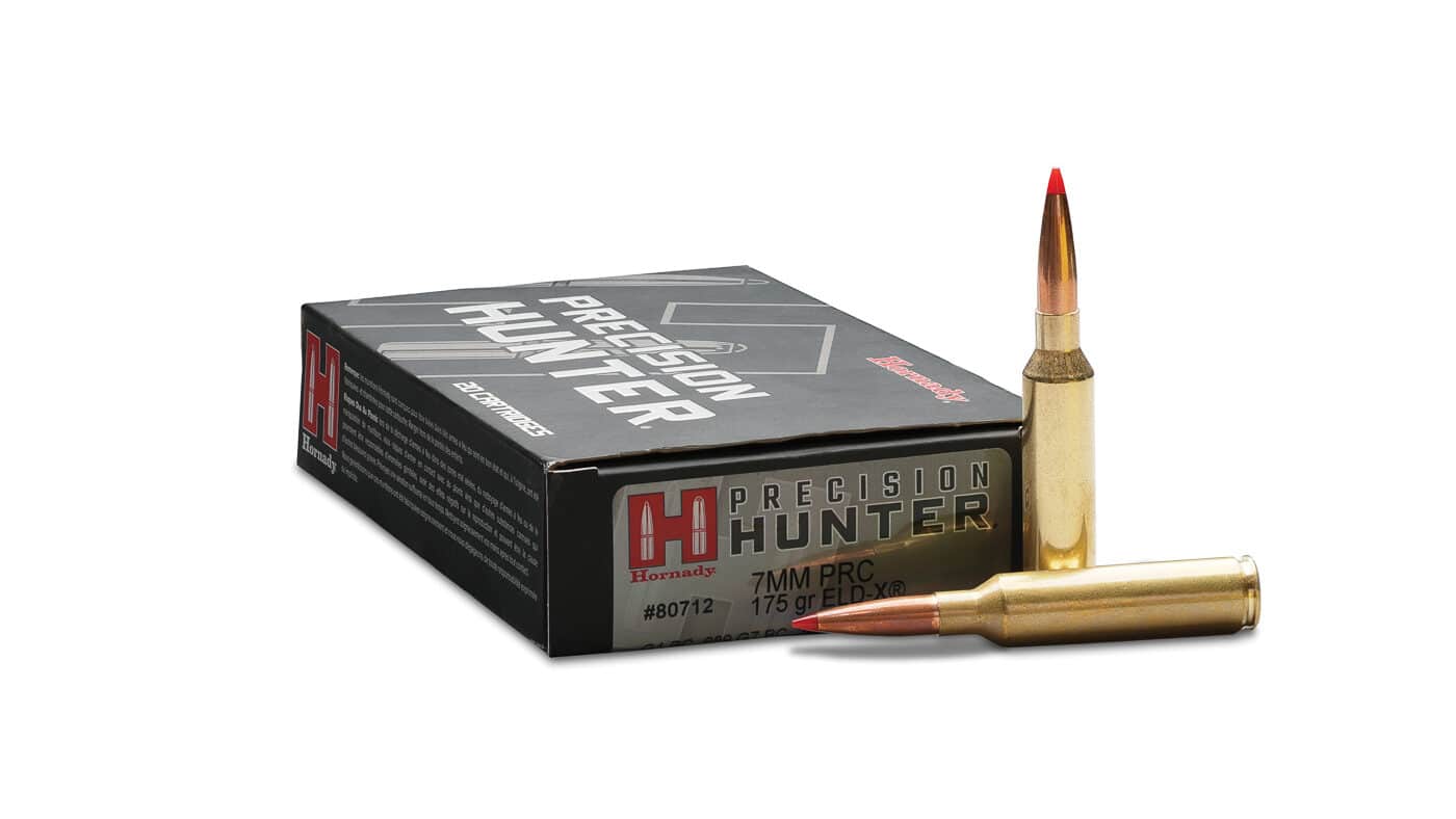 A box of Hornady Precision Hunter 7mm PRC ammunition featuring 175-grain ELD-X bullets designed for long-range hunting applications. Hornady Precision Hunter ammunition achieves excellent accuracy in bolt-action rifles. The 175-grain ELD-X bullet provides optimal terminal performance. Springfield's Model 2020 Waypoint shot 0.61-inch groups with this load. Extremely Low Drag bullets maintain velocity at extended distances. The 7mm PRC generates 2,803 fps with Precision Hunter ammunition. Factory hunting loads now rival handload accuracy standards. The 7mm PRC Model 2020 Waypoint pairs perfectly with Hornady ammunition. ELD-X projectiles expand reliably on elk and moose.