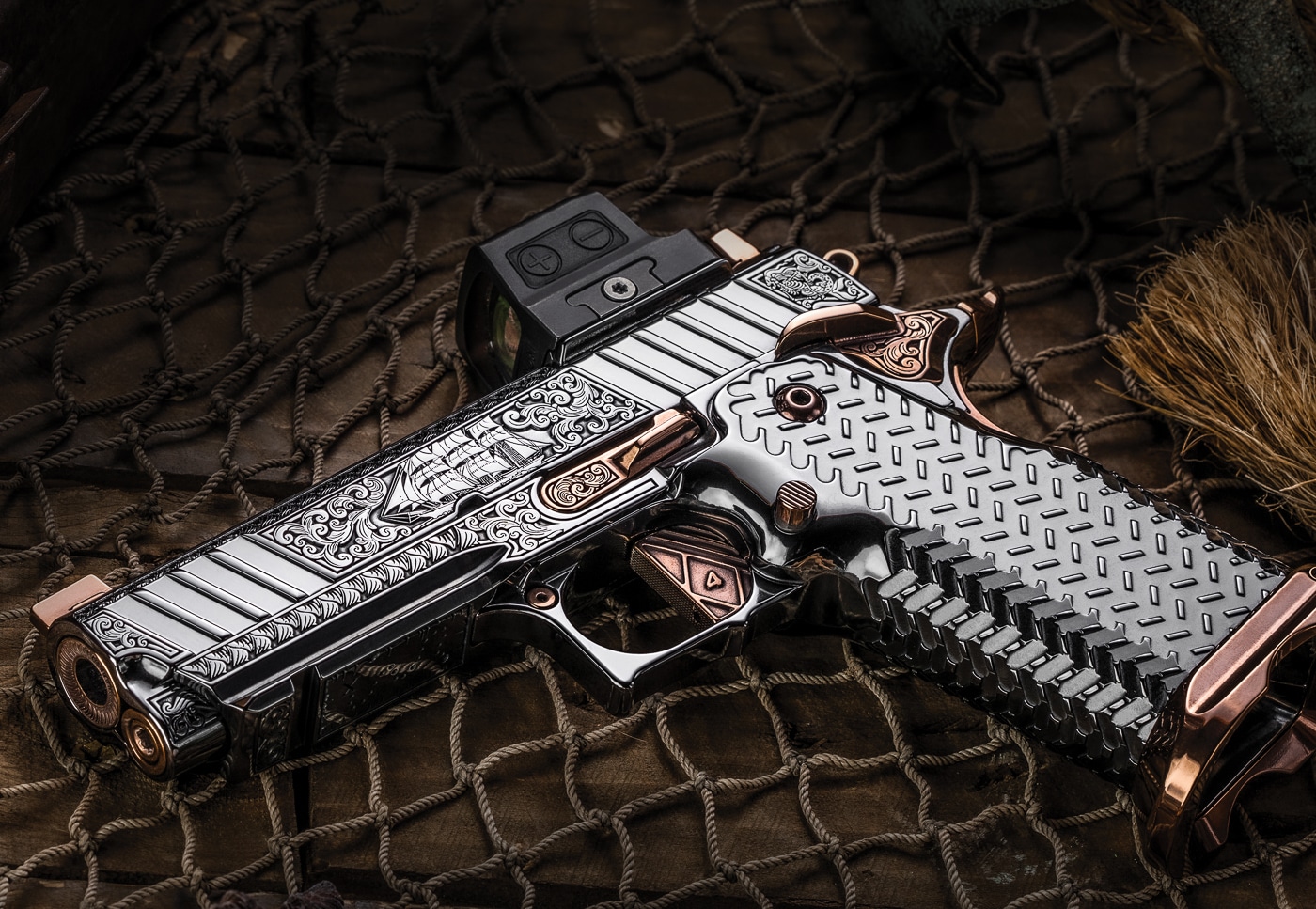 A customized Springfield Armory 1911 DS Prodigy pistol displays intricate finishing work including Cerakote coating, laser engraving, and decorative details. The Koted interview showcases custom Prodigy builds. Koted Custom Finishings specializes in 1911 personalization. Interview of Koted discusses Springfield platform preferences. The Prodigy offers excellent canvas surfaces. Koted interview highlights multi-process finishing techniques. Custom 1911 work requires precision coating. The interview of Koted features pirate-themed designs. Koted transforms production firearms into heirlooms.