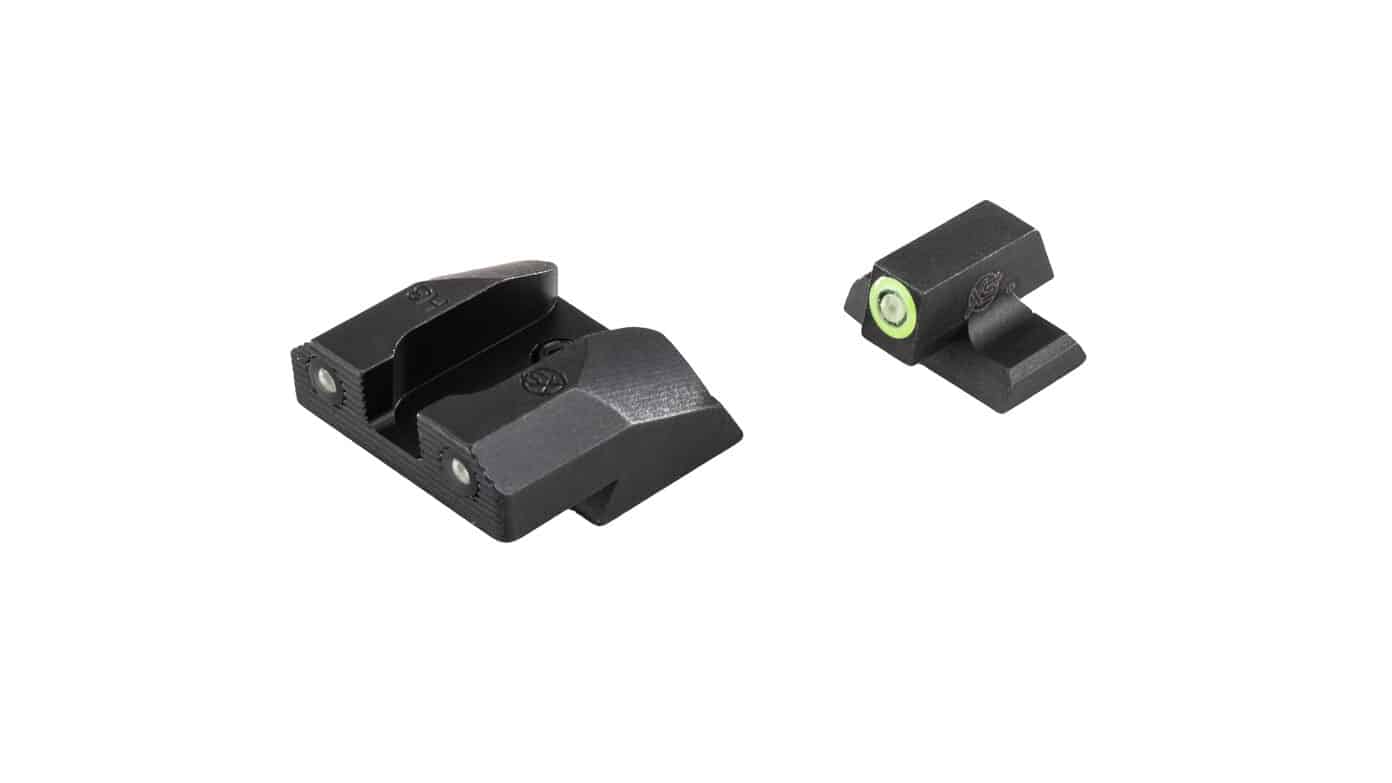 The complete XS Sights R3D 2.0 tritium night sight set designed for the Springfield SA-35 pistol, showing both the green photoluminescent front sight and the dual-tritium rear sight as a matched pair ready for installation. Night sights for SA-35 come as complete sets. Tritium sights for Springfield SA-35 include front and rear components. R3D 2.0 sights represent second-generation design. SA-35 pistols accept dovetail sight sets. Matched sight systems ensure proper alignment. XS Sights offers complete upgrade packages. Black nitride finish protects both components. Quality sight sets improve defensive capability.