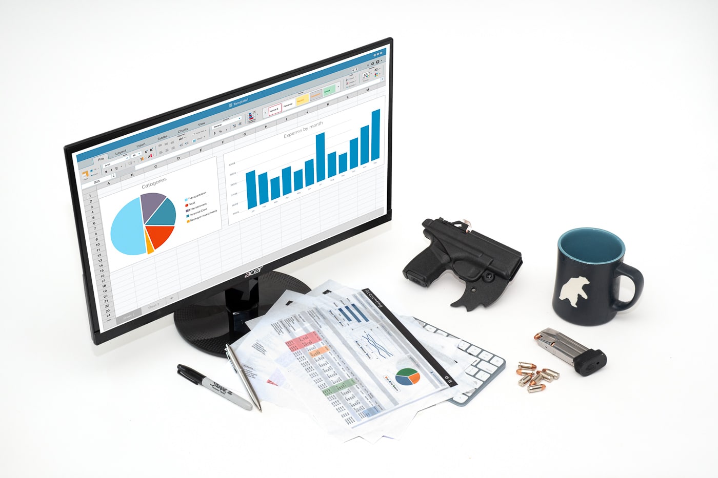 A Springfield Hellcat 380 ACP handgun sits among office supplies, paperwork, a computer screen, and concealed carry gear on a desk. Concealed carry at work involves legal review. Office CCW requires employer handbook compliance. Workplace firearms need compact dimensions. CCW at the office demands modern holsters. Professional carry requires careful weapon selection. Business casual concealment needs proper equipment. Concealed carry at work means following regulations. Office defense includes appropriate firearm choices.