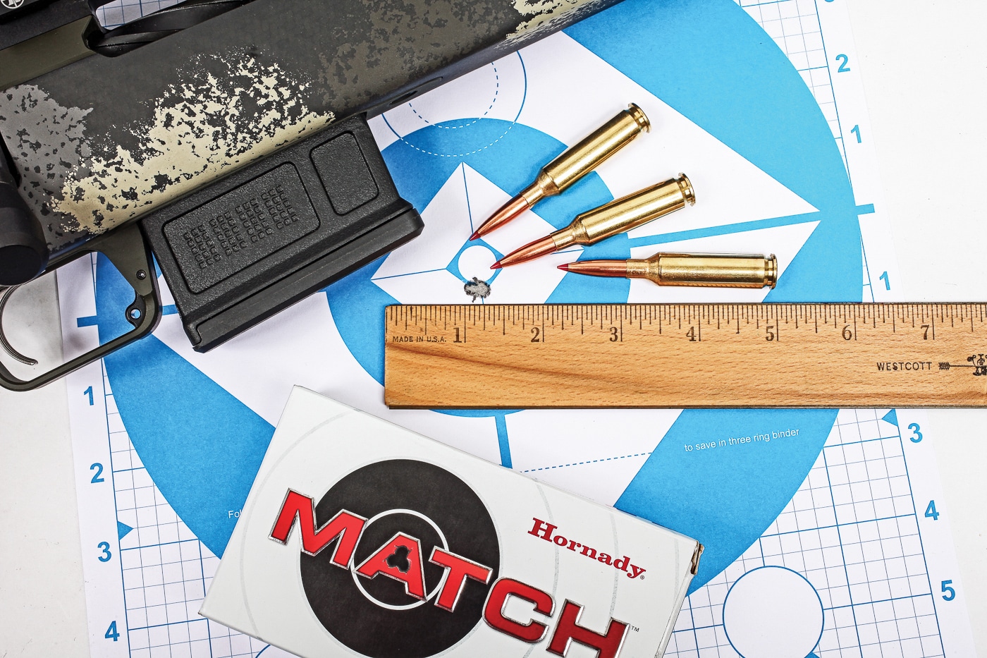 group from a factory rifle shows the 108-gr Hornady load gave the best group of the day