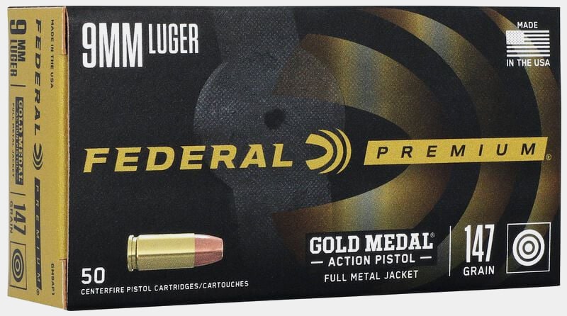 Federal Gold Medal Action Pistol, 9mm Luger, 147 gr., Total Metal Jacket Flat Nose