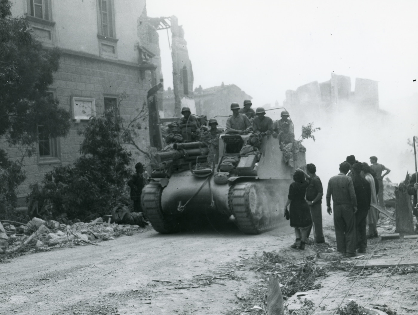 American M-7 rolls through the streets of Roccastrada Italy