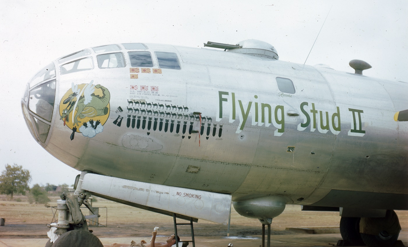 A color photo of a B-29 Superfortress in China named Flying Stud II