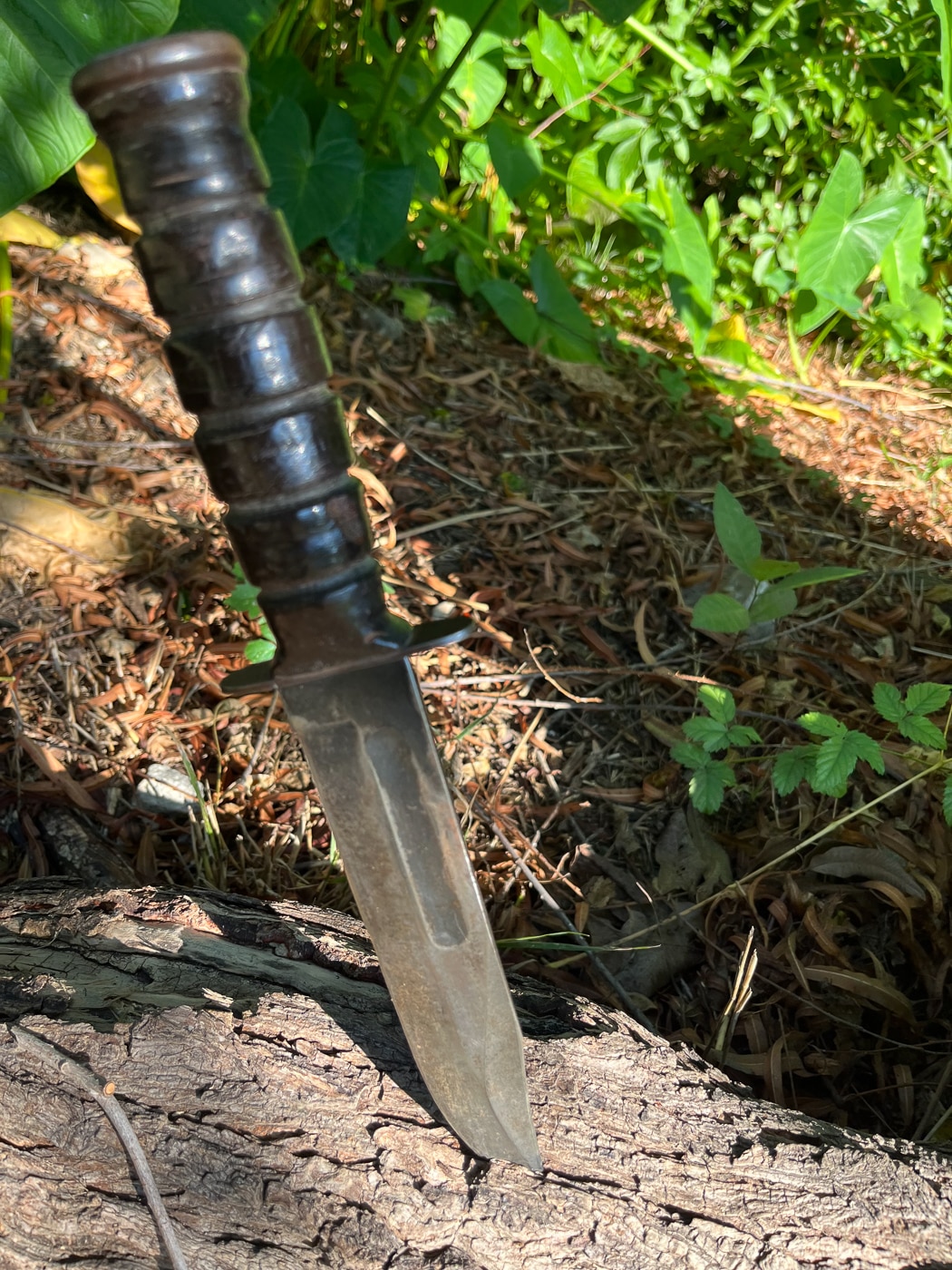 Dale Dye's personal Marine Corps K-Bar knife with its characteristic stacked leather handle, carried continuously since Vietnam War service in 1968. Fieldcraft knives prove longevity through extended service. Personal blades develop irreplaceable history. Dale Dye field craft knife opinions stem from direct experience.