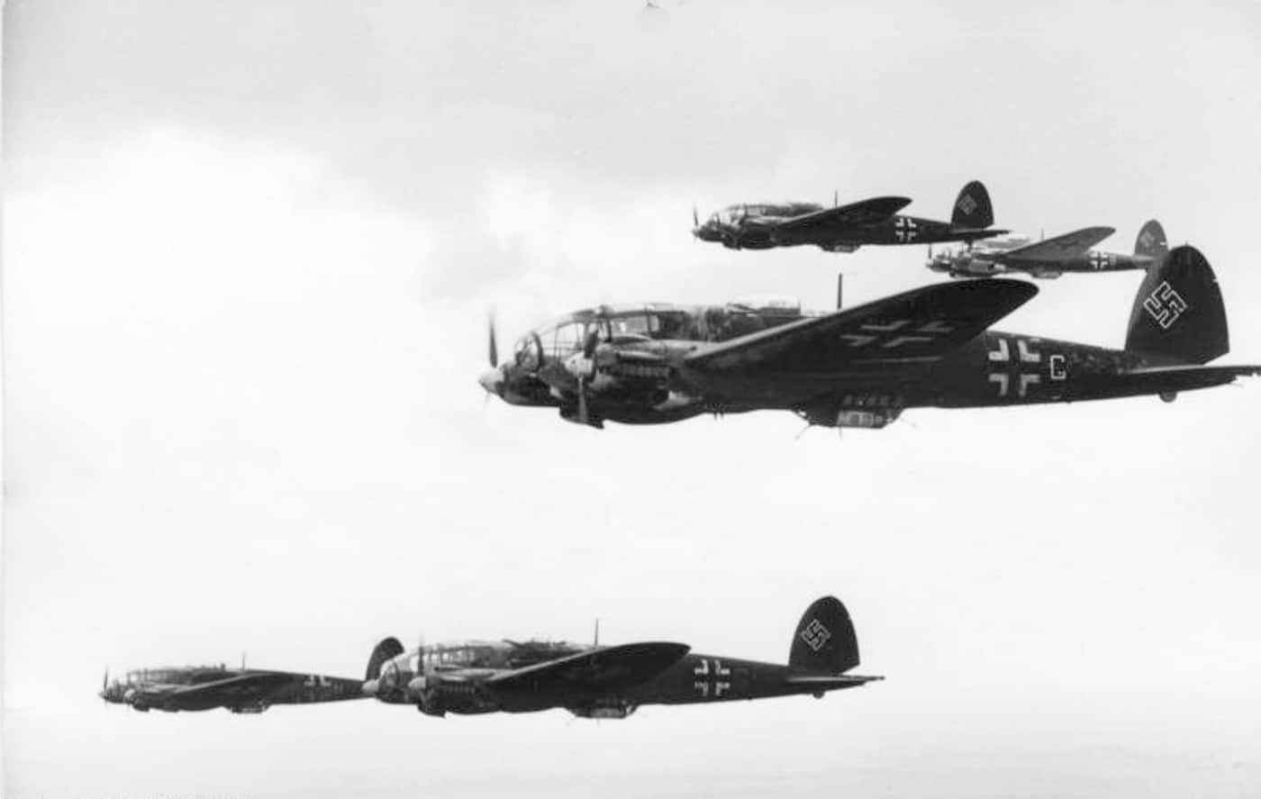 Heinkel He 111 bombers on a mission during World War II