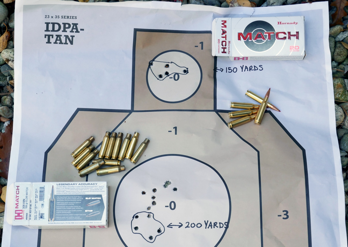 Prone shots described above on an IDPA target. 150 yard head shots and 200 yard body shots are marked. All unmarked shots were taken from 100 yards.