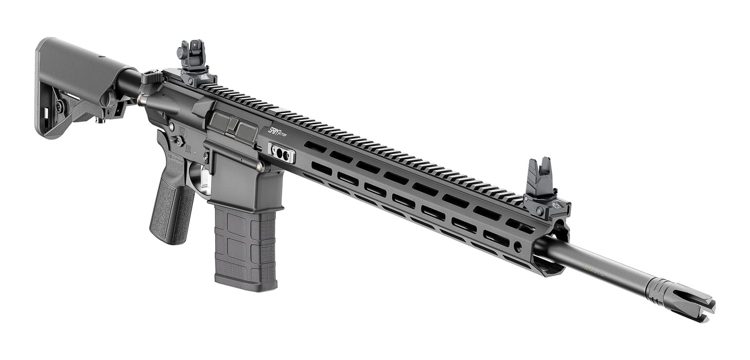 A detailed view of the Springfield Armory SAINT Victor rifle's 20-inch barrel chambered in 7.62x51mm NATO, showing the free-float M-Lok handguard, gas block assembly, and muzzle device that define this tactical platform. The SAINT Victor 7.62 20-inch features optimal barrel configuration.