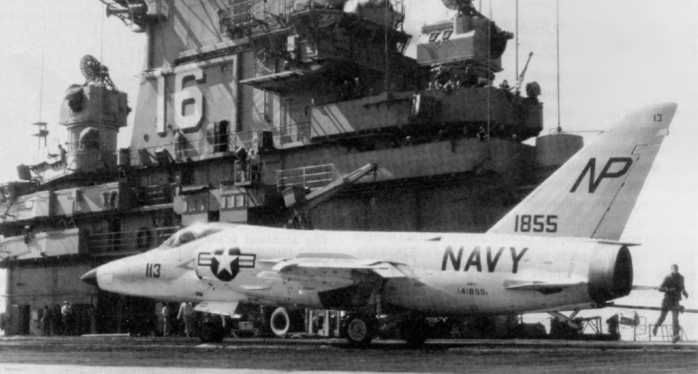 US Navy Grumman F-11 jet fighter on USS Lexington prepares for launch