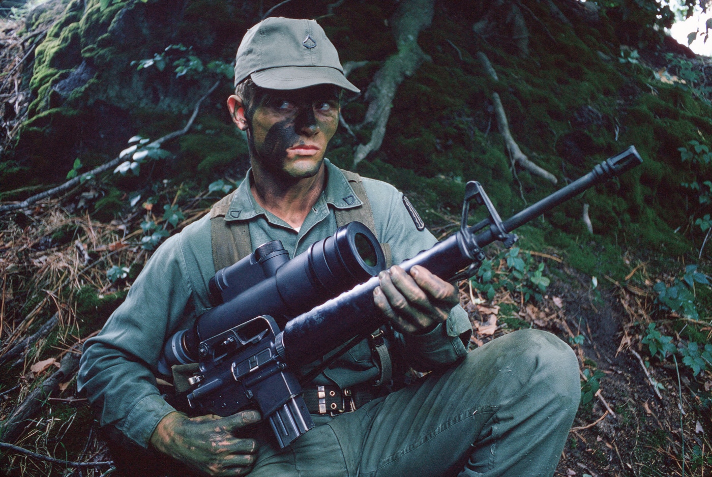 US soldier armed with a M16A1 rifle and AN-PVS-2 starlight scope in 1972