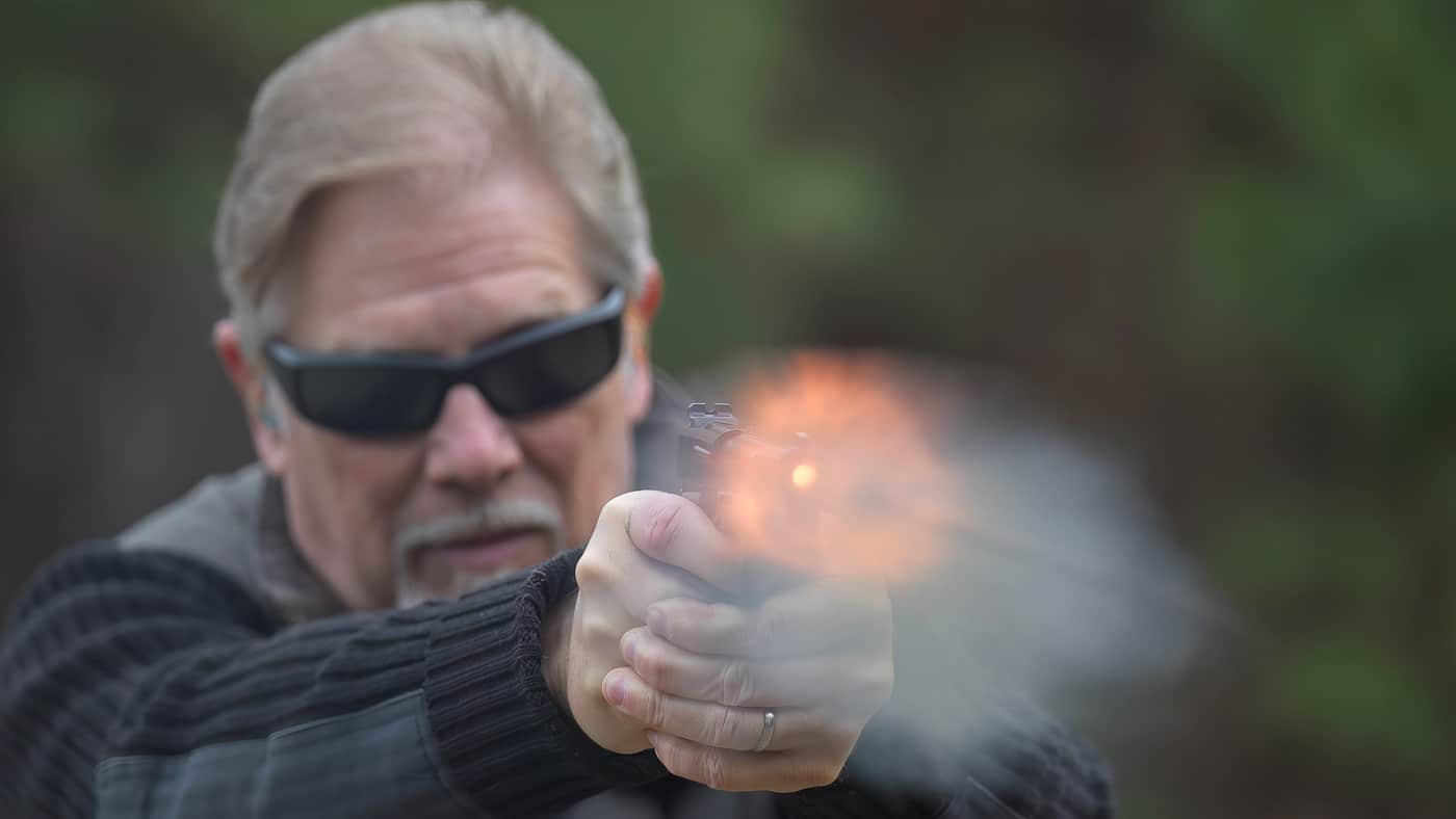 author shooting blue polished SA-35 pistol