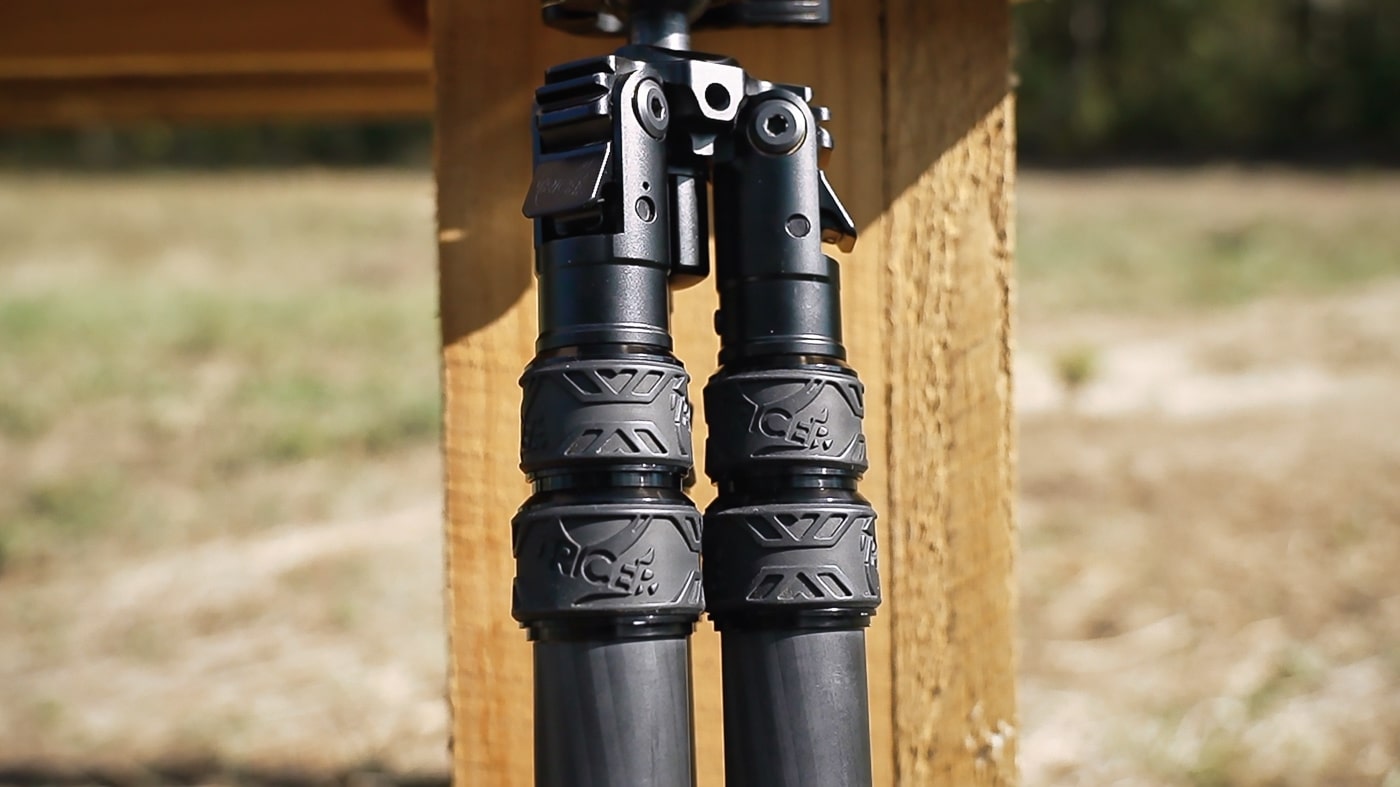 Close-up view shows the twist-lock collars on the carbon fiber leg sections of a Tricer-HK tripod with detailed threading visible. The Tricer-HK tripod review emphasizes reliable locking functionality. Ultra light Tricer-HK tripod evaluation confirms secure leg positioning. Twist-lock collars prevent unwanted leg movement.