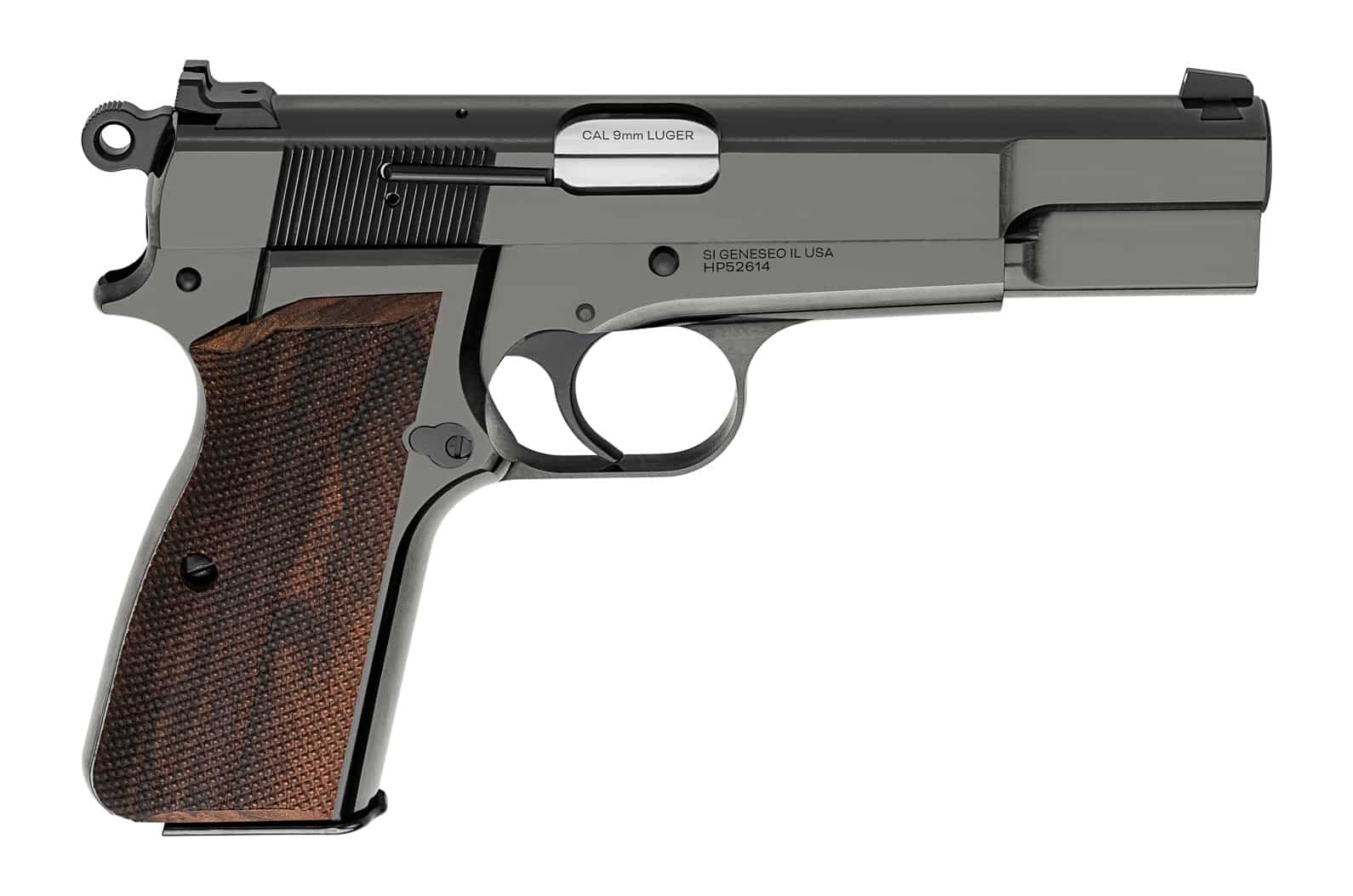 right side view of Springfield SA-35 with polished blue finish