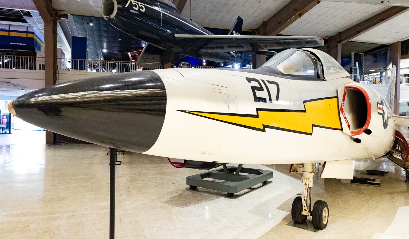sleek nose and jet intake of F-11 Tiger fighter