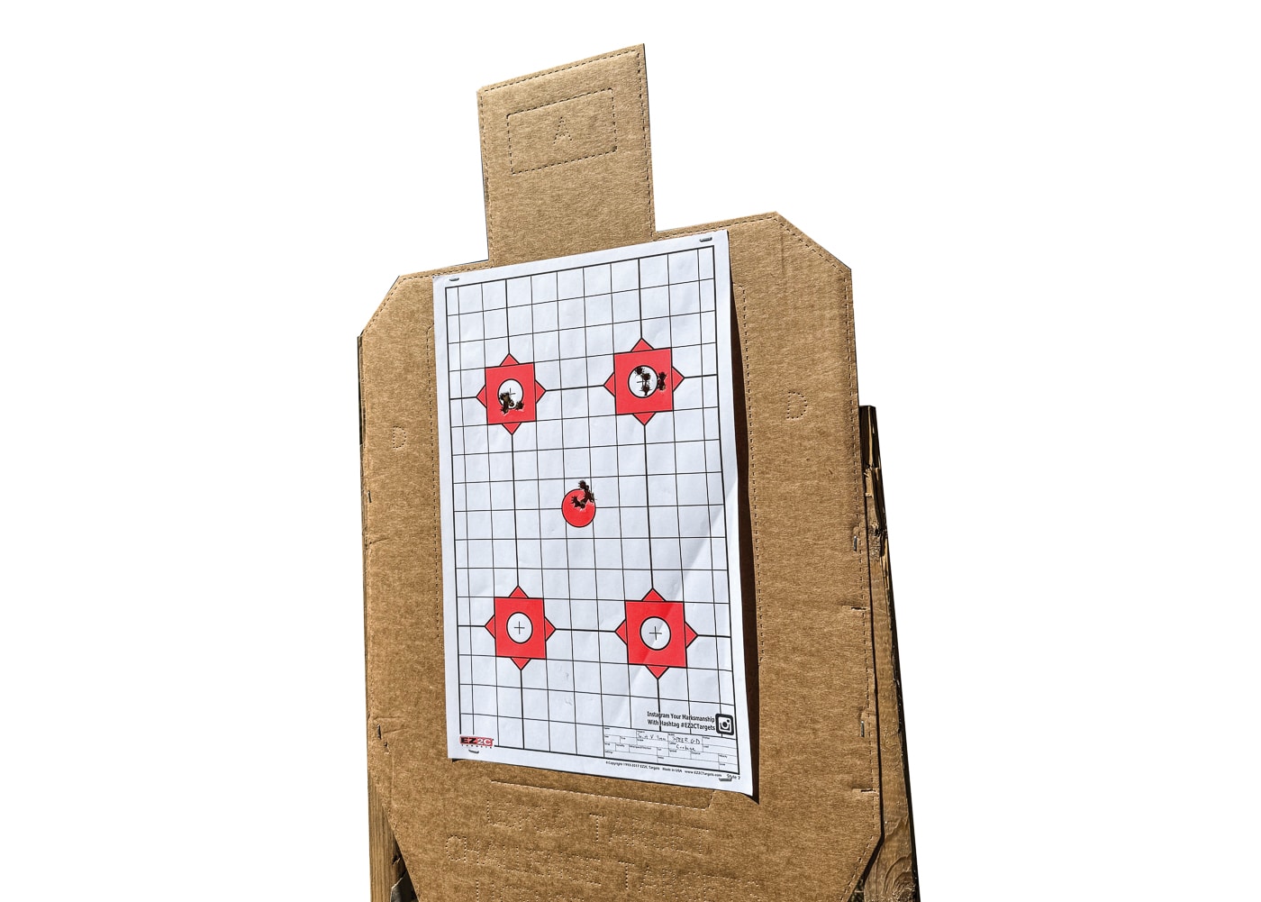 A paper target displays tight bullet groupings from 50-yard accuracy testing of the SAINT Victor carbine with Gold Dot Carbine ammunition. Speer Gold Dot Carbine ammunition achieved sub-MOA accuracy. PCC ammo delivered .74-inch average group size. The SAINT Victor produced match-grade precision. Gold Dot loads measured 1.41 MOA at 50 yards. Pistol caliber carbines exceed typical defensive accuracy standards. The Speer Gold Dot Carbine review documented exceptional groupings. Carbine ammunition demonstrates consistent point of impact. Springfield Armory SAINT Victor outperformed accuracy expectations.