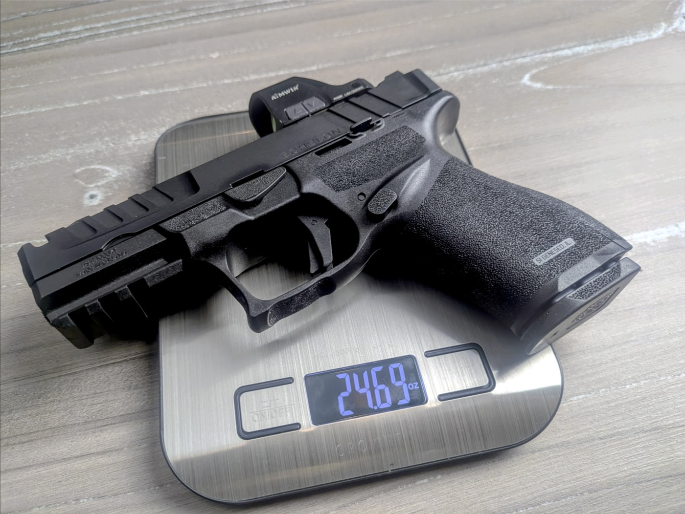 The Echelon 4.0C Comp tips the scales at 24.7 ounces with an empty 15-round magazine. That's light enough for all-day carry but heavy enough to help manage recoil, especially with that compensator doing its job reducing muzzle flip.