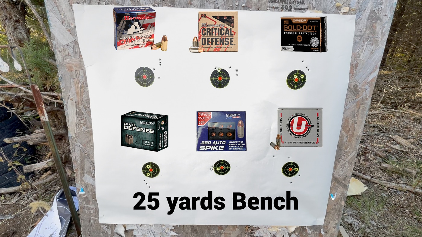 Paper targets showing 25-yard bench-rested accuracy groups for all six .380 ACP self-defense ammunition loads tested within 4-inch diameter reference circles. Each .380 ACP self-defense round demonstrated reliable accuracy at 25 yards. Defensive .380 ammunition grouped tightly when shot from a stable bench rest. The Liberty SPIKE produced the tightest group at approximately 2 inches. Traditional hollow-point loads grouped consistently alongside non-traditional bullet designs. Precise shot placement increases the effectiveness of any self-defense cartridge. Compact .380 ACP pistols paired with a red dot deliver impressive accuracy at distance. Paper target testing visually compares group size across multiple defensive ammo types. Concealed carry ammunition must be both ballistically effective and accurate.
