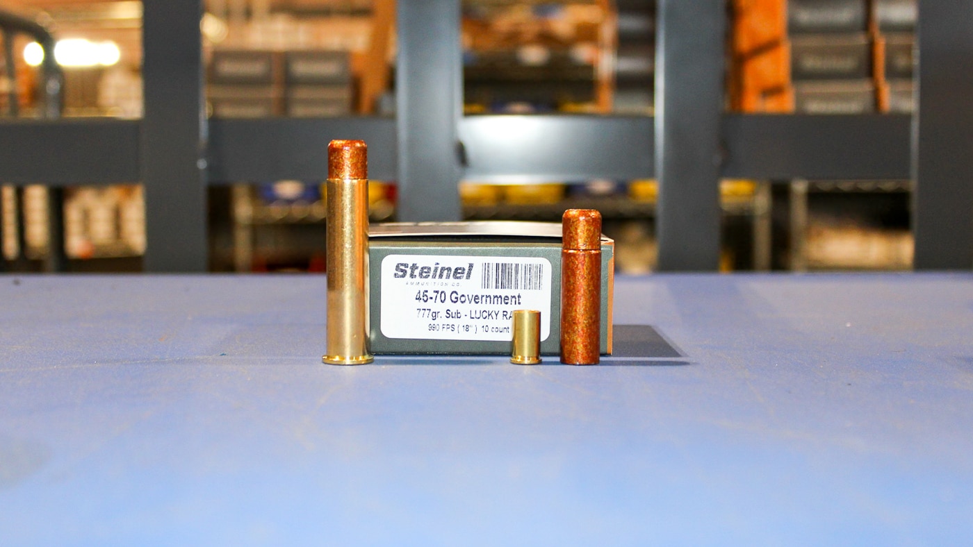 777 grain Lucky Ram projectile next to a 9mm case for comparison