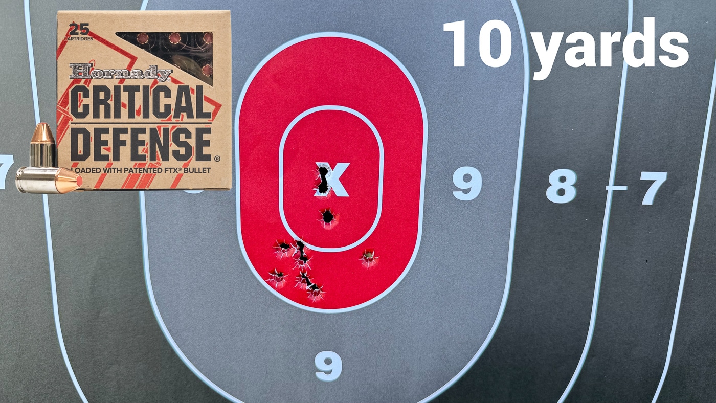 Paper target showing the Hornady Critical Defense FTX 90-grain .380 ACP hollow-point group at 10 yards fired at approximately one round per second. Hornady Critical Defense is among the most trusted .380 ACP self-defense rounds available. The 90-grain FTX hollow-point .380 ammunition delivered tight groups inside the bullseye at 10 yards. Rapid fire accuracy testing simulates realistic defensive shooting conditions. All 10 rounds stayed within the oval target area at speed. Traditional hollow-point self-defense loads offer proven terminal performance. The Critical Defense FTX bullet resists clogging for reliable expansion. Consistent accuracy under timed conditions builds confidence in concealed carry ammo. The .380 ACP cartridge loaded with quality hollow points performs reliably for personal protection.