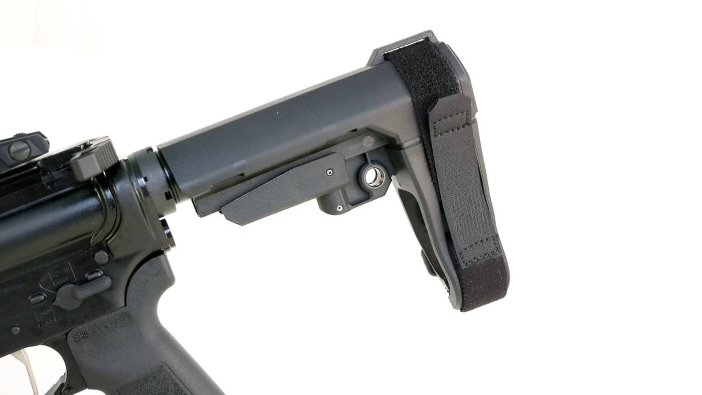 SB Tactical SB3 stabilizing brace on Springield SAINT Victor AR-style-pistol chambered for the 300 AAC Blackout cartridge