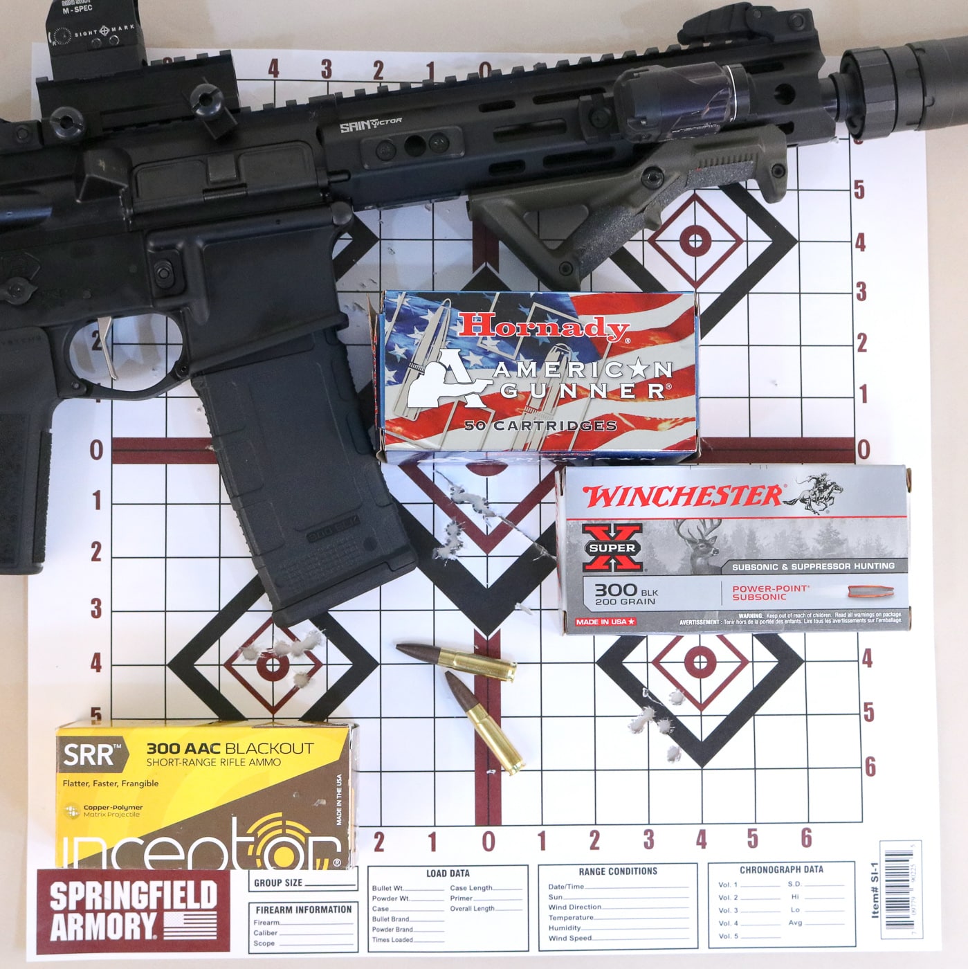 Springfield SAINT Victor 300 AAC Blackout pistol with ammunition used for testing