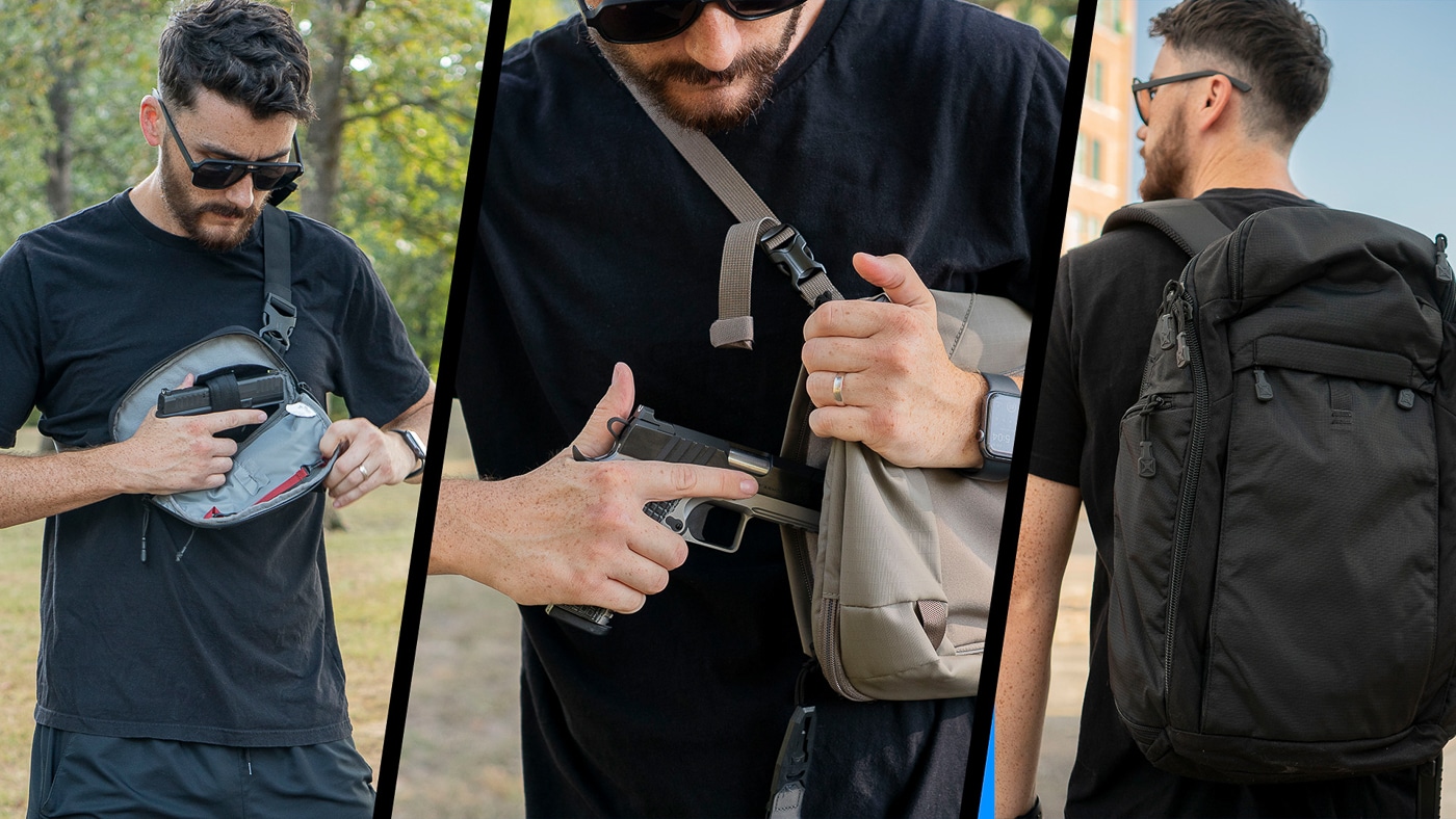 The author displays three different Vertx EDC bags of varying sizes designed for concealed carry applications. Vertx EDC bags provide off-body carry options for armed citizens. CCW bags by Vertx feature discreet designs for urban environments. Concealed carry backpacks accommodate full-size handguns securely. Tactical sling bags offer ambidextrous firearm access systems. Off-body carry solutions require consistent training and practice. CCW bags by Vertx include quick-pull zipper mechanisms. Everyday carry packs blend with athletic lifestyle apparel. Defensive firearm storage needs proper trigger guard protection.
