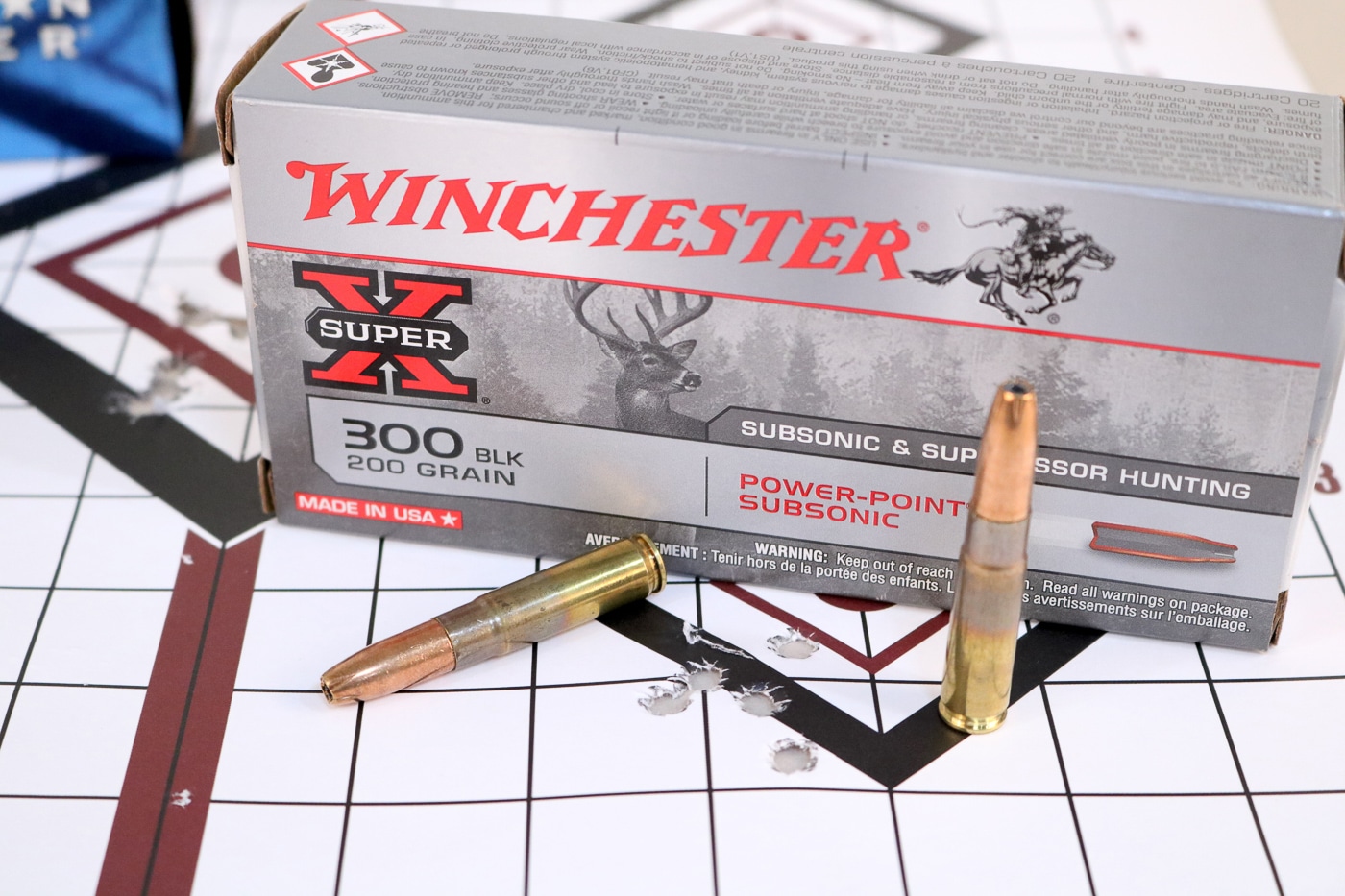 Winchester 200 grain JHP 300 BLK ammunition and target used in testing the accuracy of the Springfield SAINT Victor pistol