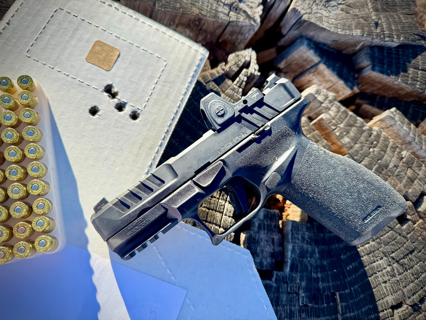 Detailed view of the Springfield Echelon slide shows the sighting system configuration with both iron sight components and optics mounting interface visible. Springfield Echelon 4.0FC review details sight configurations. Springfield Armory Echelon 4.0FC testing evaluates aiming systems. Iron sights provide backup capability. Optics mounting requires no gunsmithing. Red dot sight sits deeply. Slide serrations aid manipulation. Front sight features tritium insert. Rear sight allows tactical racking.