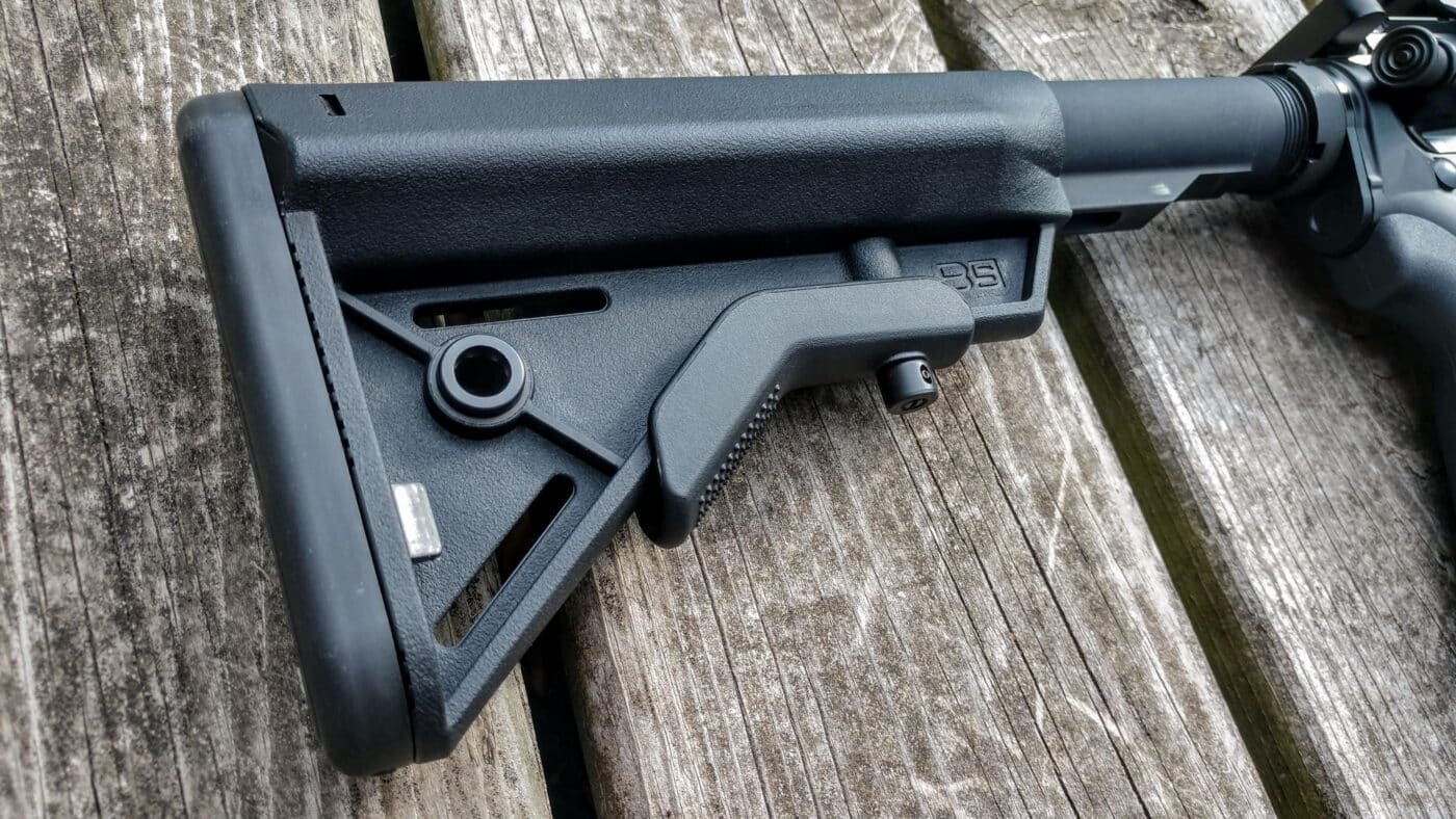 A close-up of the B5 adjustable stock on a Springfield SAINT AR-15 rifle highlights its customization options for new shooters. The best AR-15 for beginners should fit the shooter comfortably regardless of size or experience level. Entry-level AR-15 rifles with adjustable stocks accommodate a wide range of body types and shooting styles. New shooters benefit from a properly fitted stock that improves accuracy and reduces felt recoil. The B5 stock on the Springfield SAINT adjusts quickly to suit different shooters and shooting positions. Beginner-friendly AR-15 features include intuitive controls and components that require no special tools to adjust.