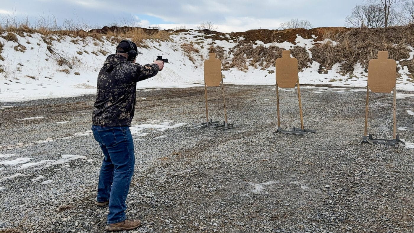 author shooting Echelon pistol with CORD PB-3 red dot sight