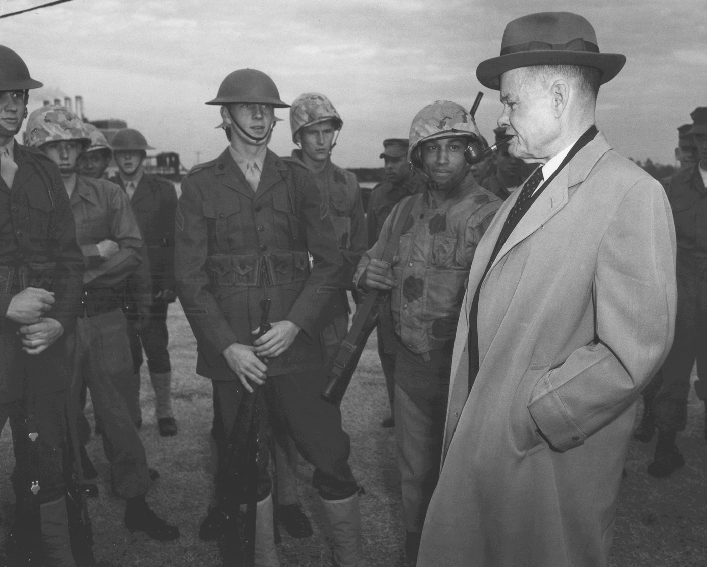 retired general Lewis B Chesty Puller talks with US Marines in 1961