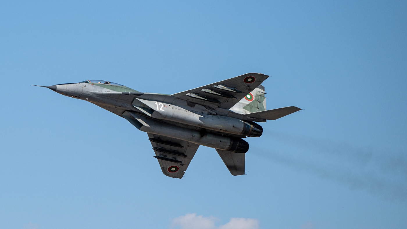 Bulgarian air force MiG-29 flies through the sky at 3rd Air Base