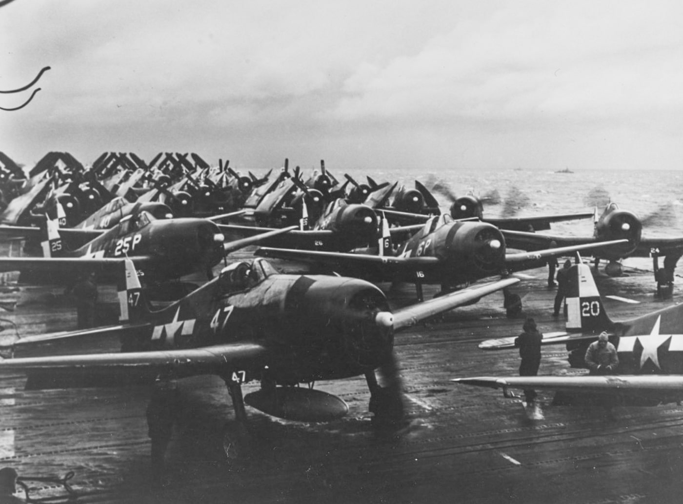 Grumman F6F Hellcat fighters on deck of USS Hornet CV-12 before raid on Tokyo February 1945