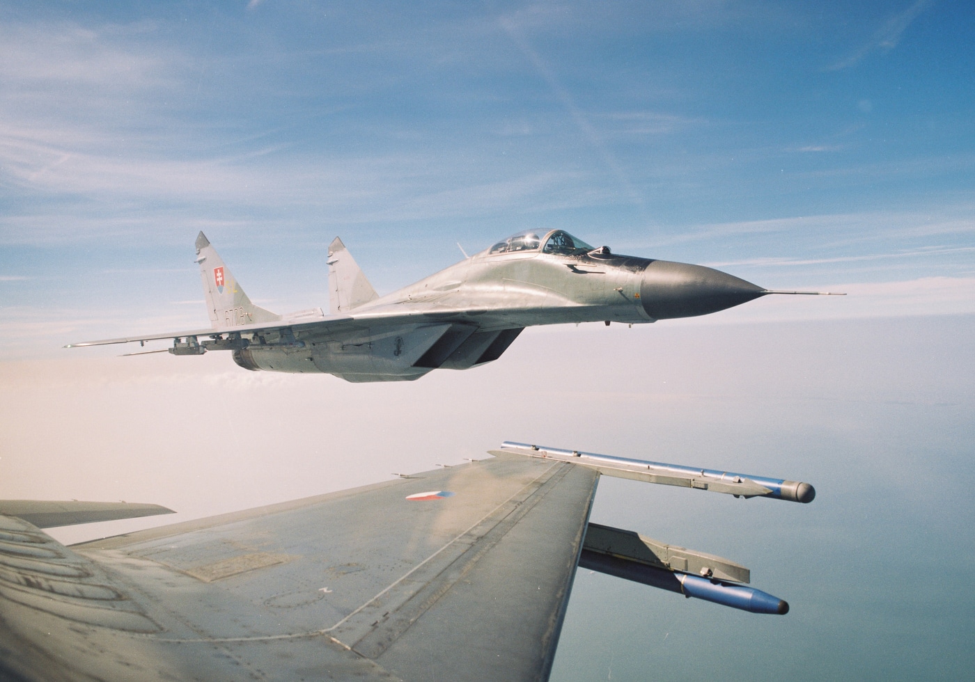 MiG-29 Fulcrum of the Slovak Air Force seen from the cockpit of a General Dynamics F-16AM of the 322 squadron over the Netherlands