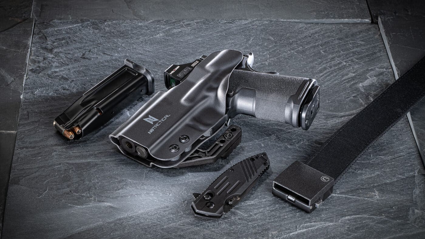 N8 Tactical Xecutive is an AIWB holster constructed from rugged Kydex shown with Springfield 1911 DS Prodigy Compact