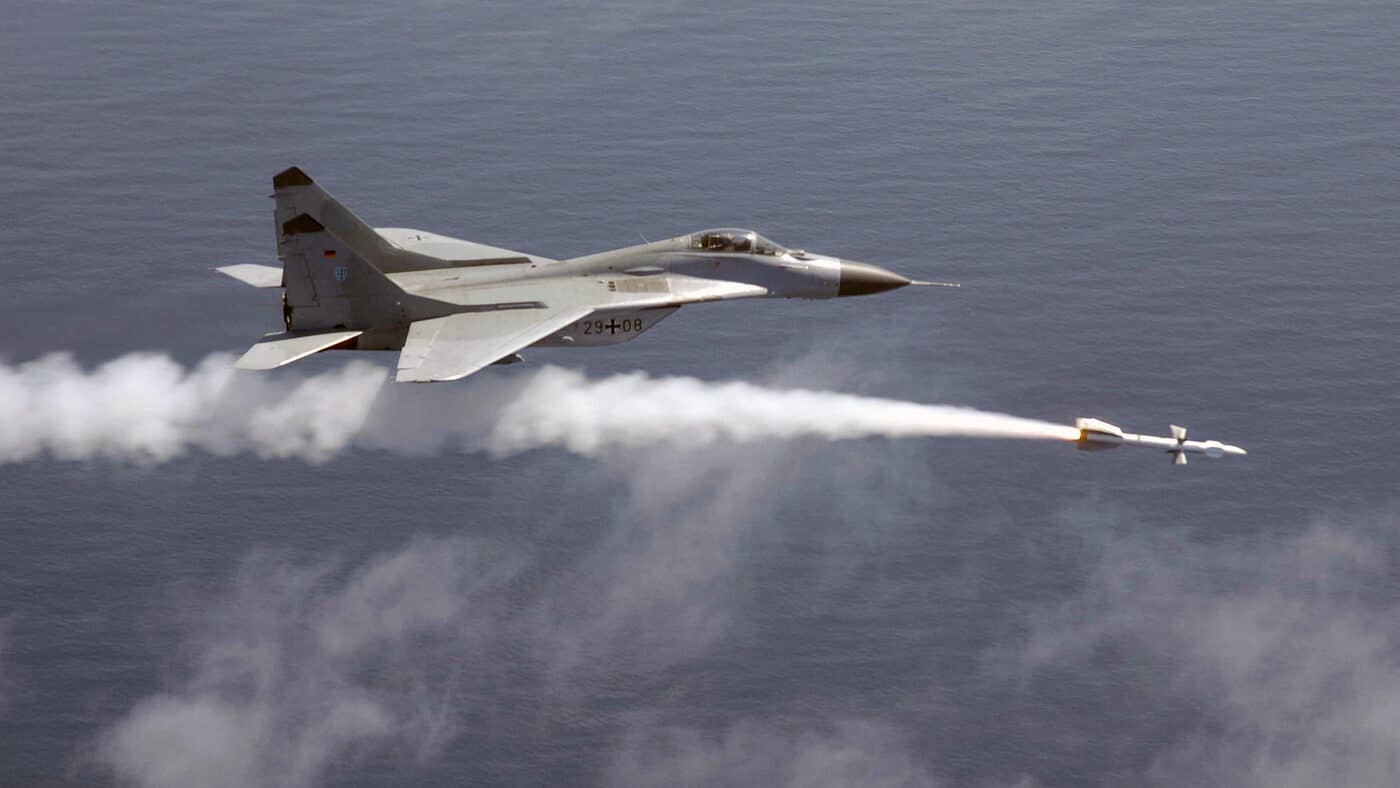 Soviet-built MiG-29 Fulcrum fighter fires a radar guided AA-10 missile