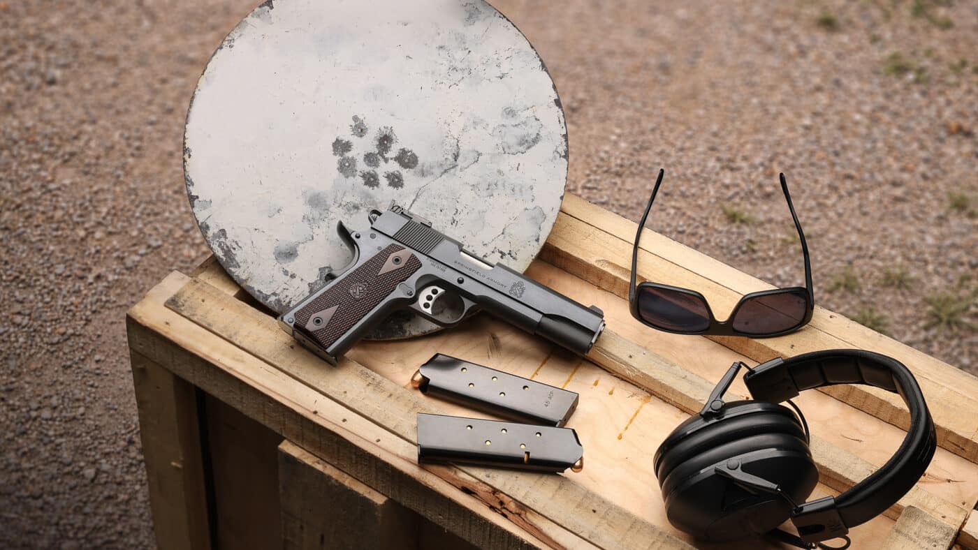 Springfield 1911 Garrison Target on shooting range with metal target