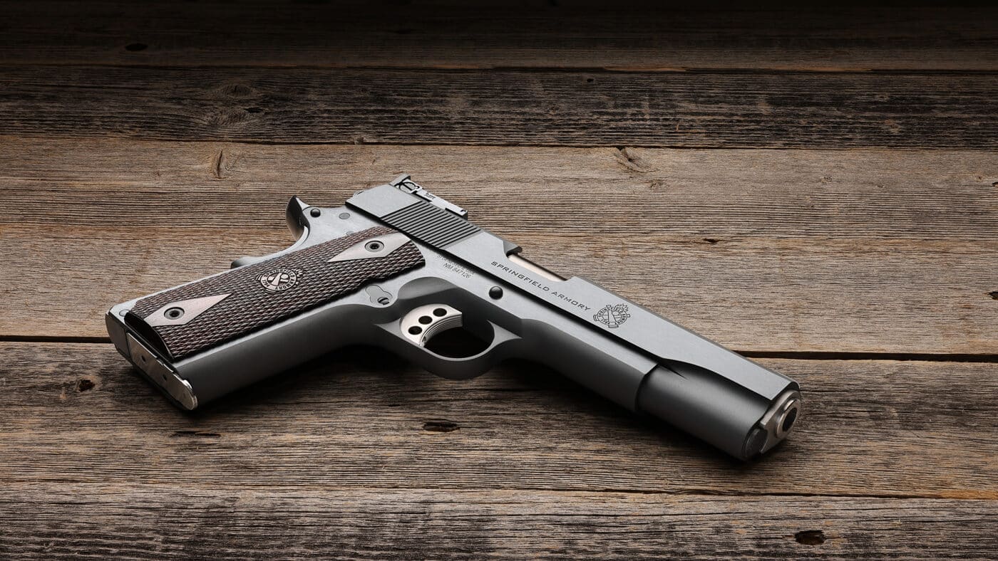 Springfield Garrison Target on wood table sight side view