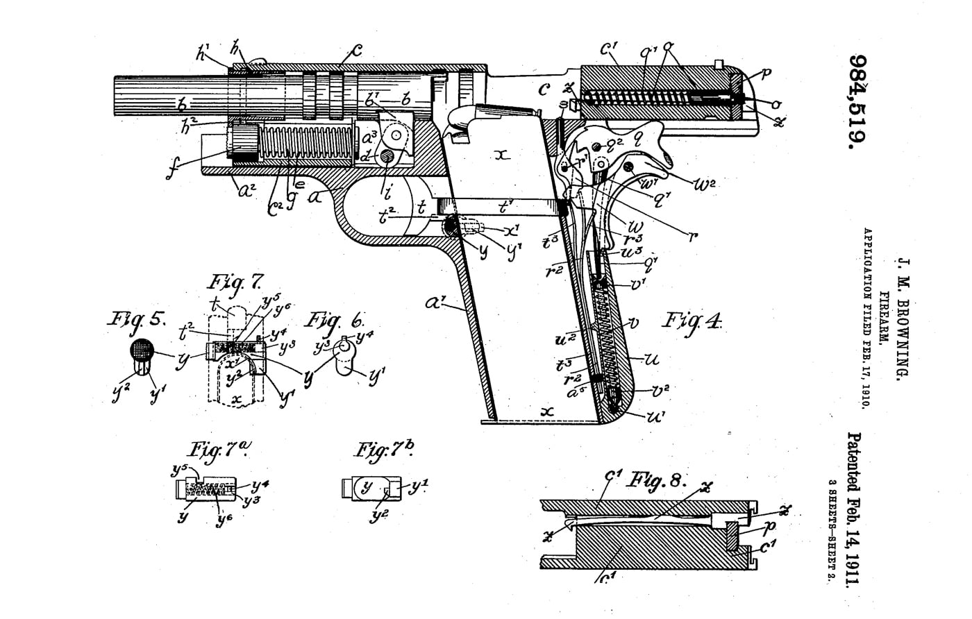 US Patent Office drawing of 1911 pistol grip safety