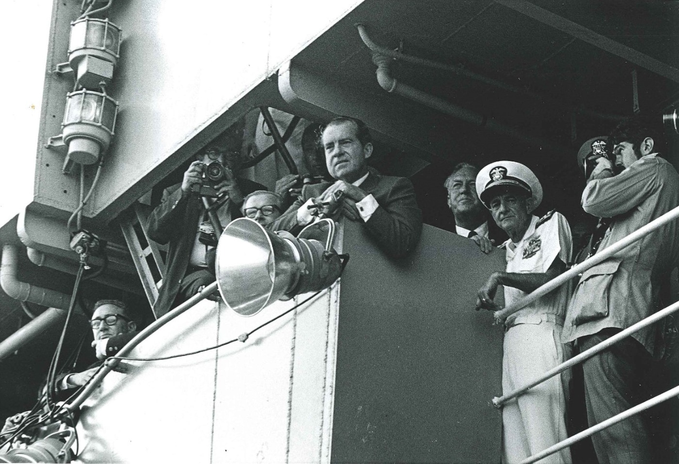 US President Richard Nixon on USS Hornet watches recovery of Apollo 11 command module