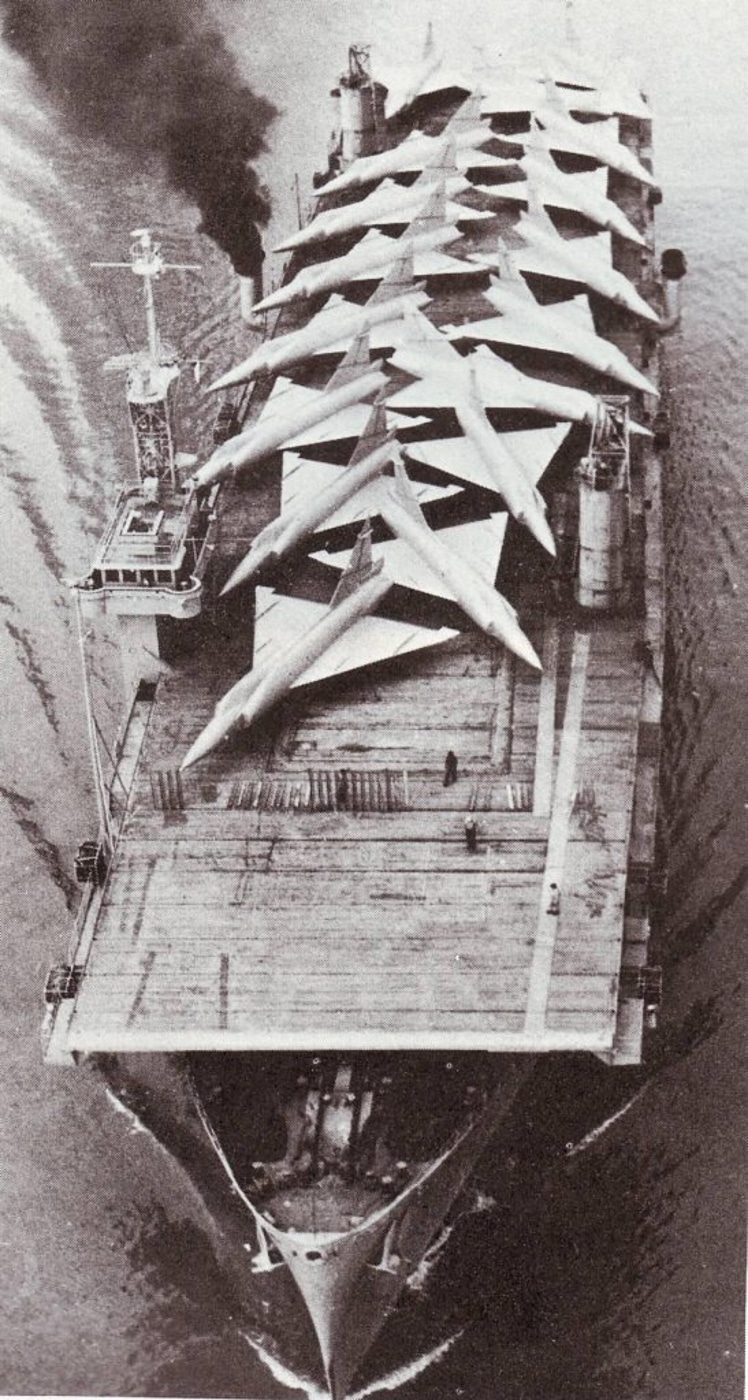 USNS Card underway from San Francisco with F-102 Delta Daggers