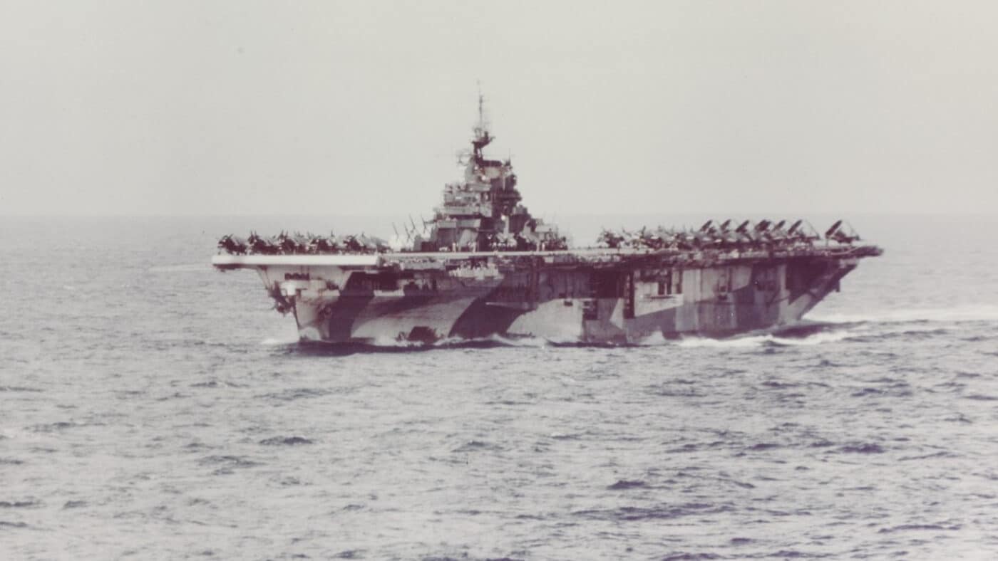 USS Hornet CV-12 with camouflage measure 33 design 3a operating off Okinawa