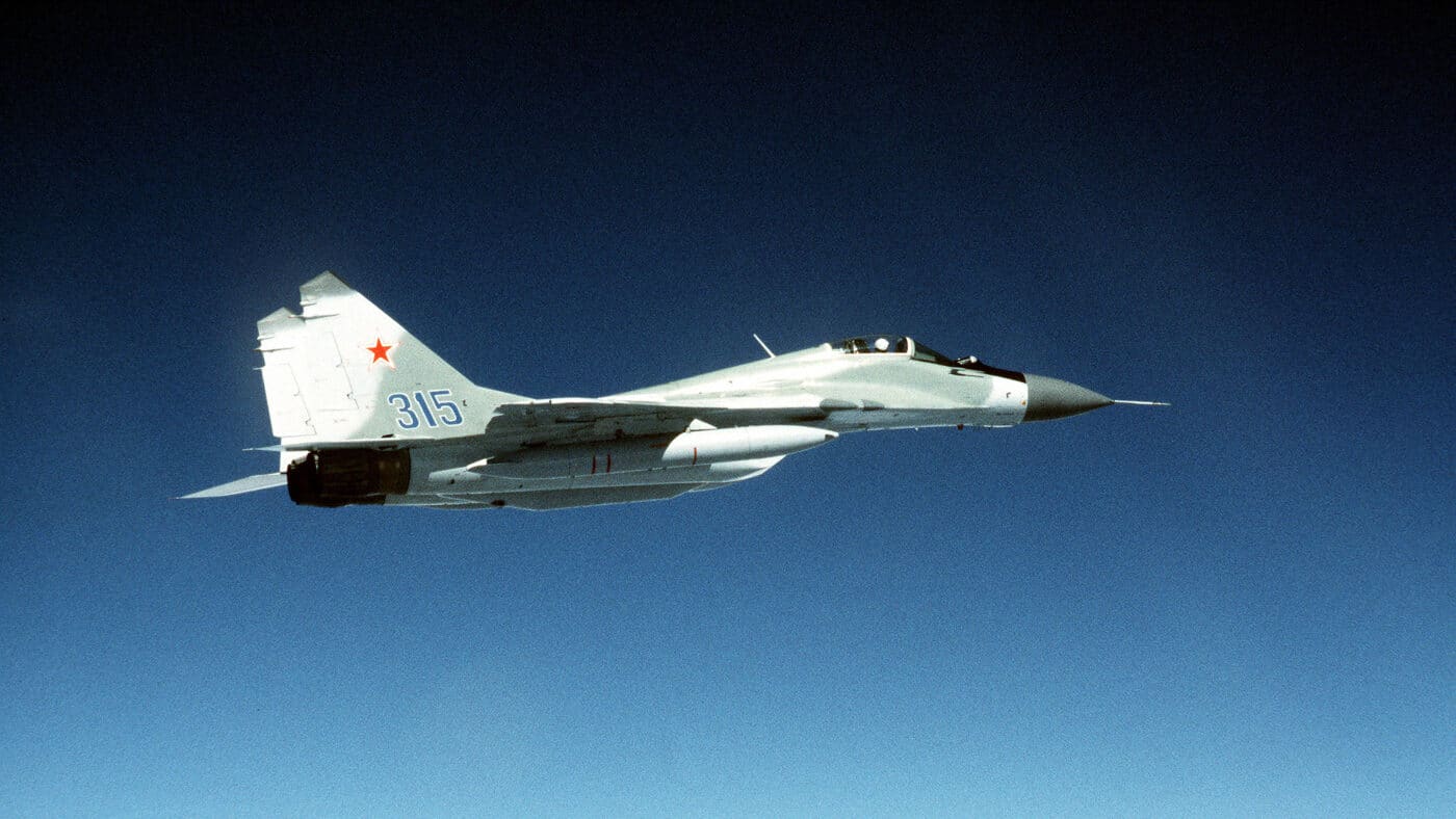 air-to-air right side view of a Soviet MiG-29 aircraft