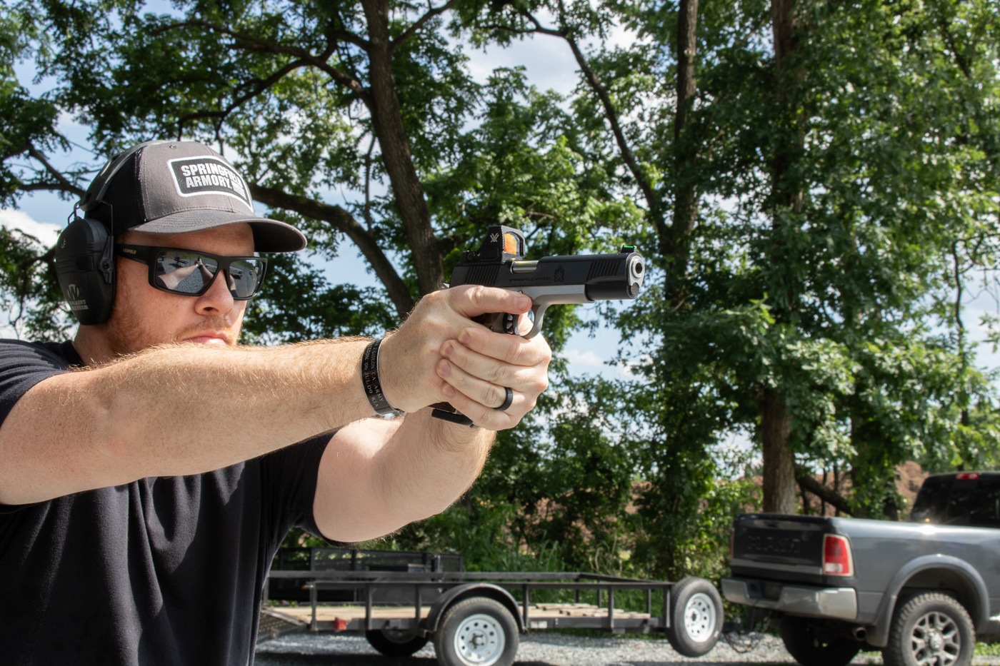 author shooting Springfield 1911 Ronin AOS during his testing of the handgun