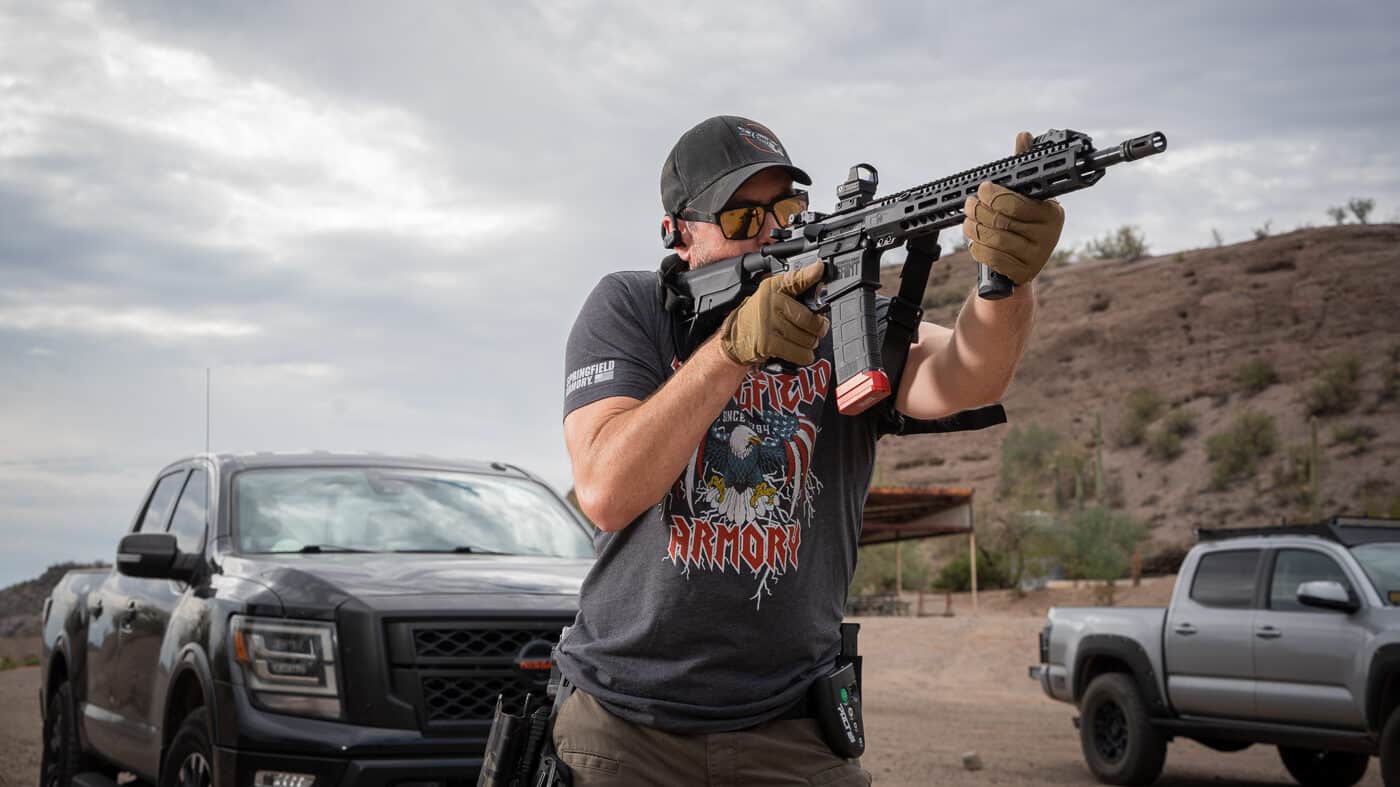 author shooting Springfield SAINT with Midwest Industries Combat Rail HD