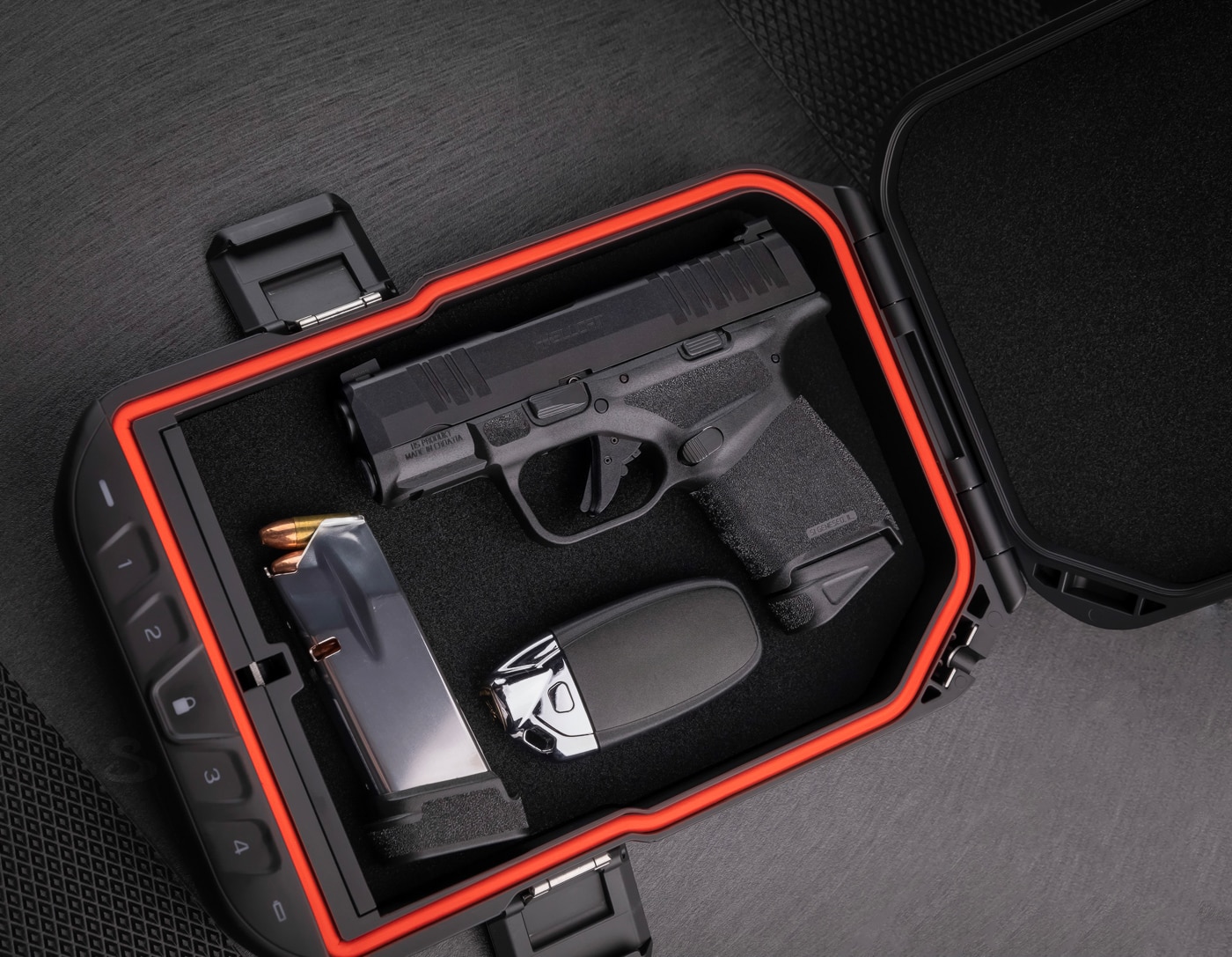 keeping a Hellcat pistol for home protection in a lock box David Sullivan