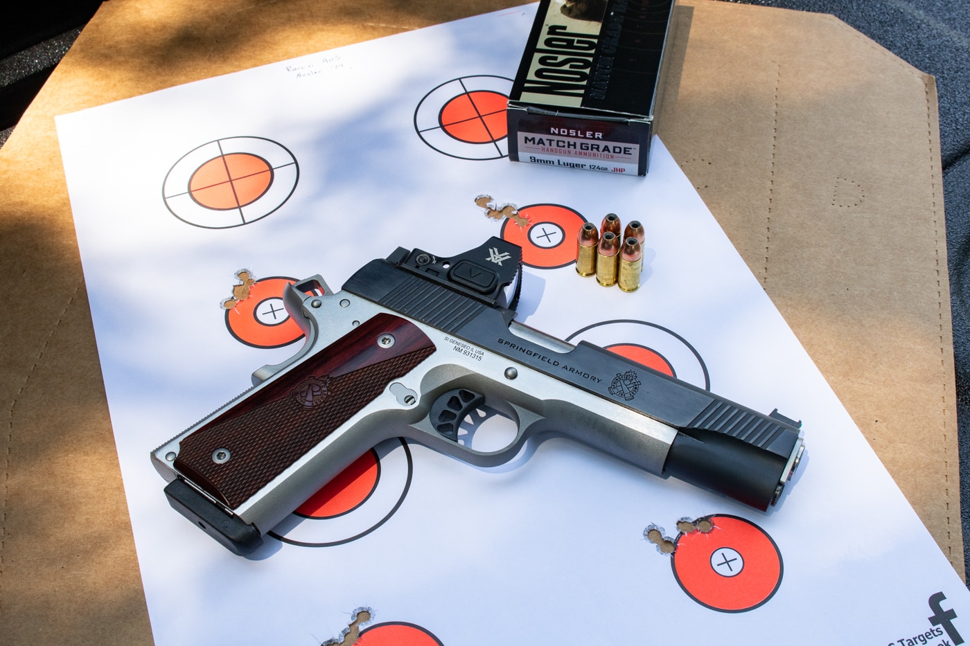 shooting results shown on paper target with Springfield Ronin AOS pistol